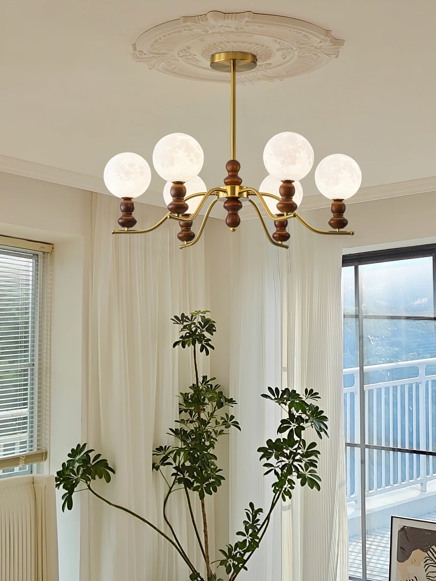 Elvivira Chandelier Brass Wood Moon Globe Elegant