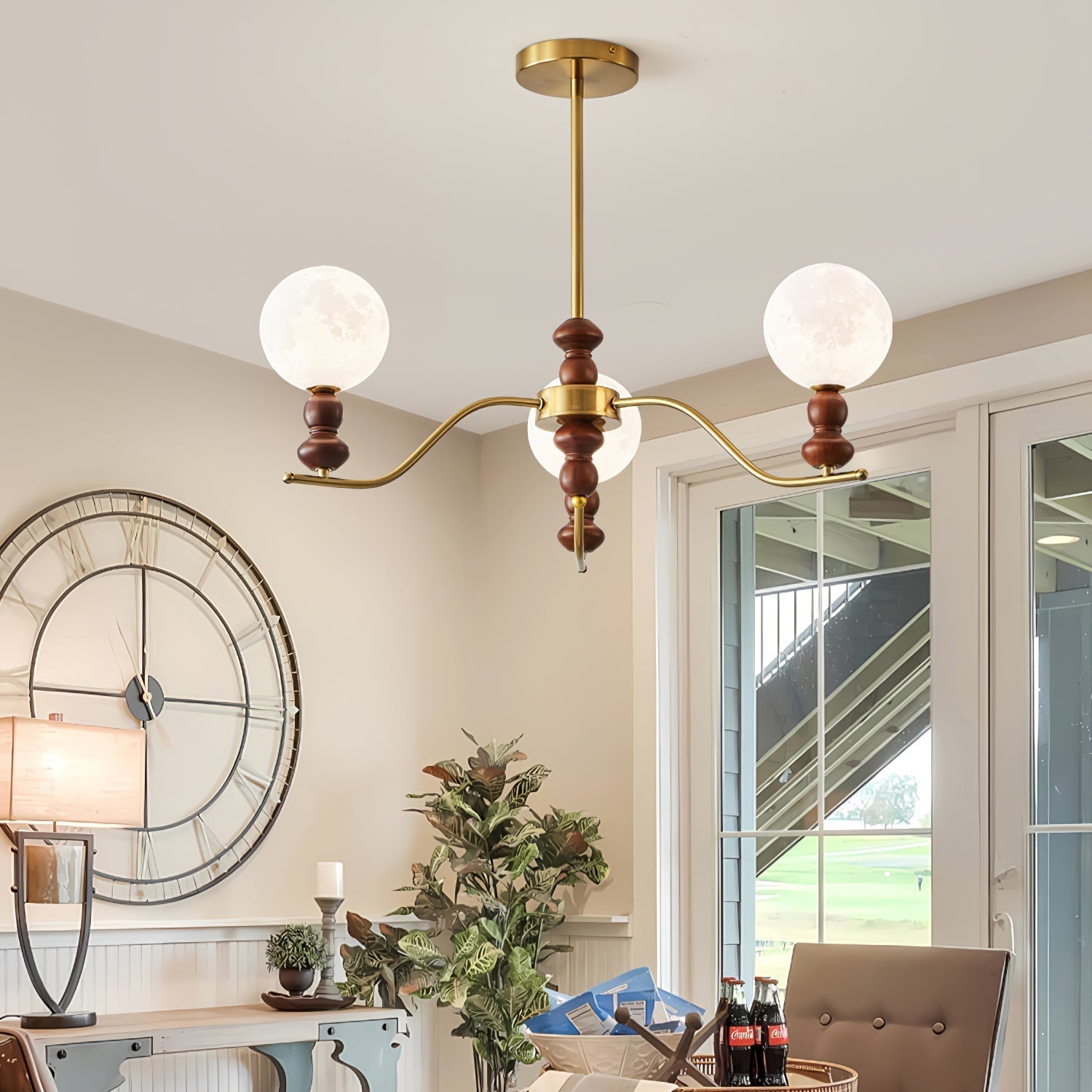 Elvivira Chandelier Brass Wood Moon Globe Elegant