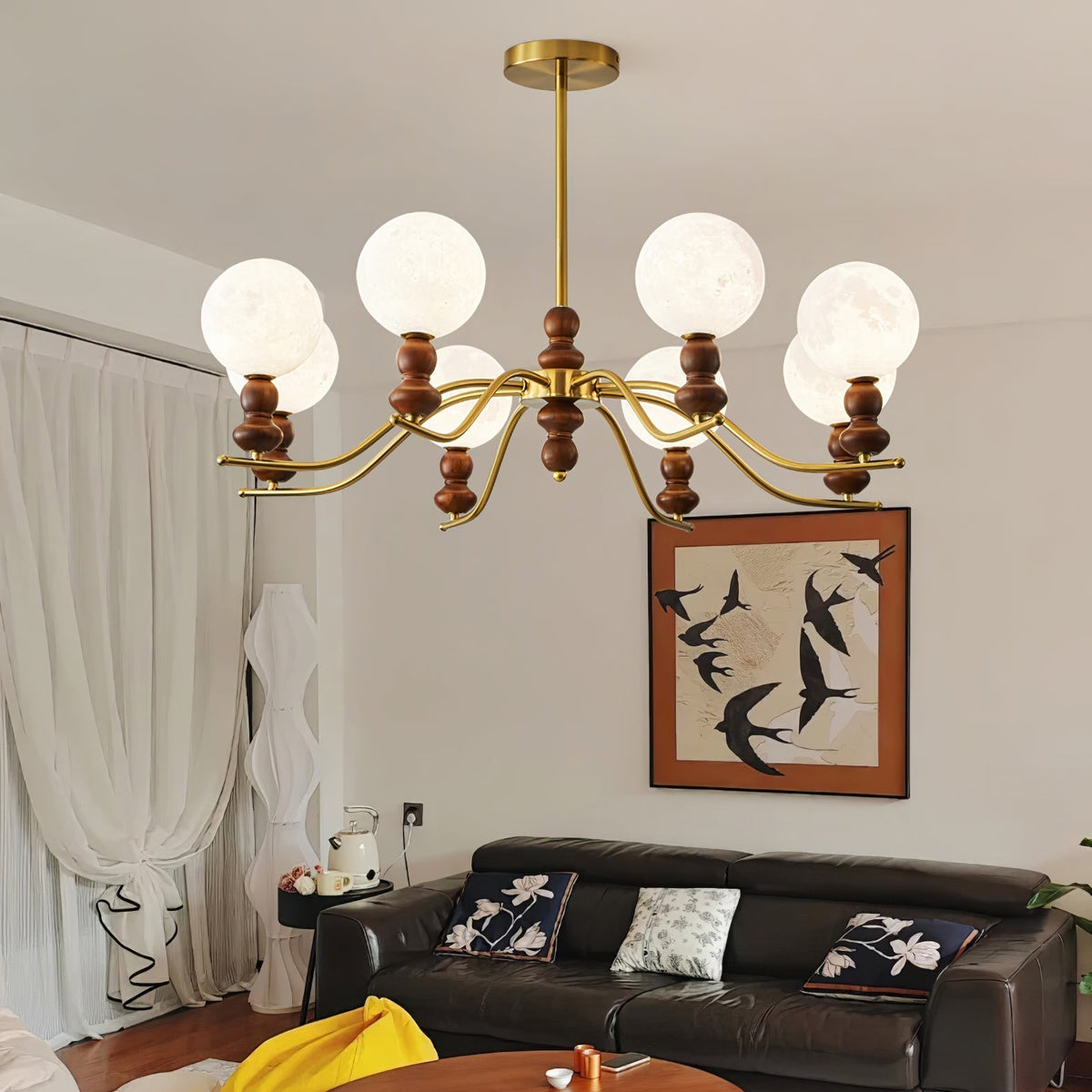 Elvivira Chandelier Brass Wood Moon Globe Elegant