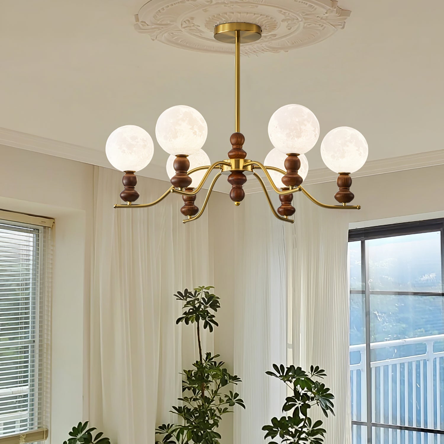 Elvivira Chandelier Brass Wood Moon Globe Elegant