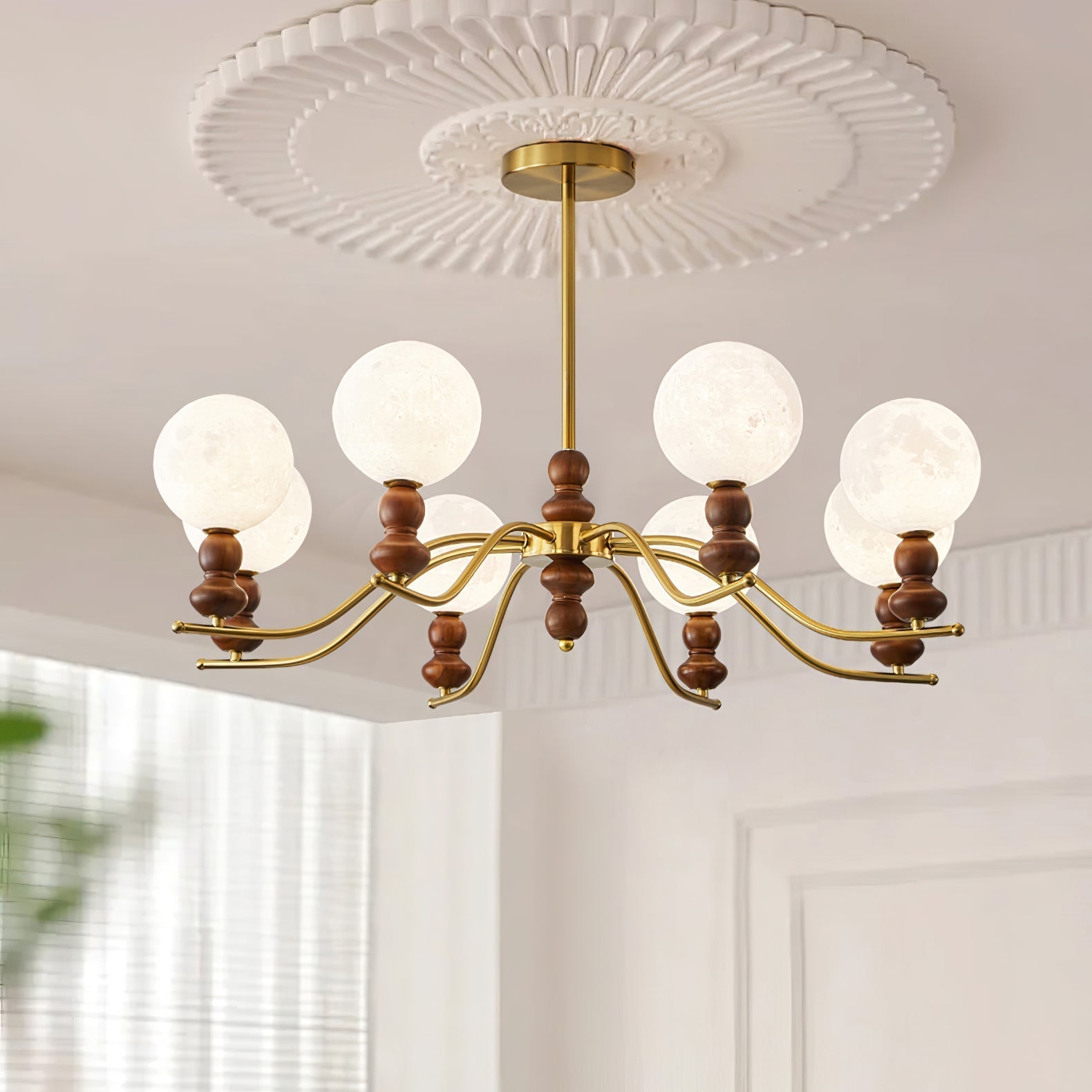 Elvivira Chandelier Brass Wood Moon Globe Elegant