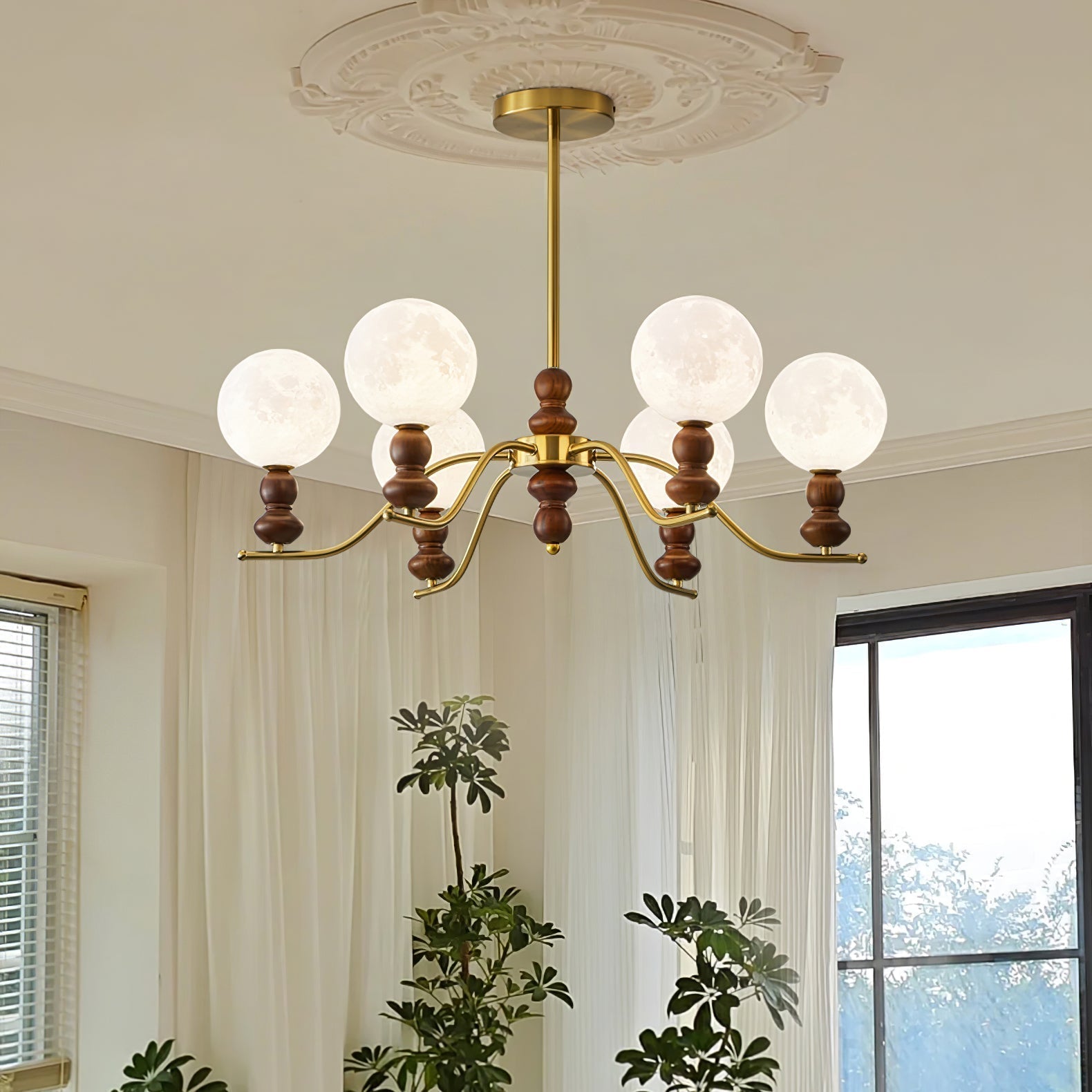 Elvivira Chandelier Brass Wood Moon Globe Elegant