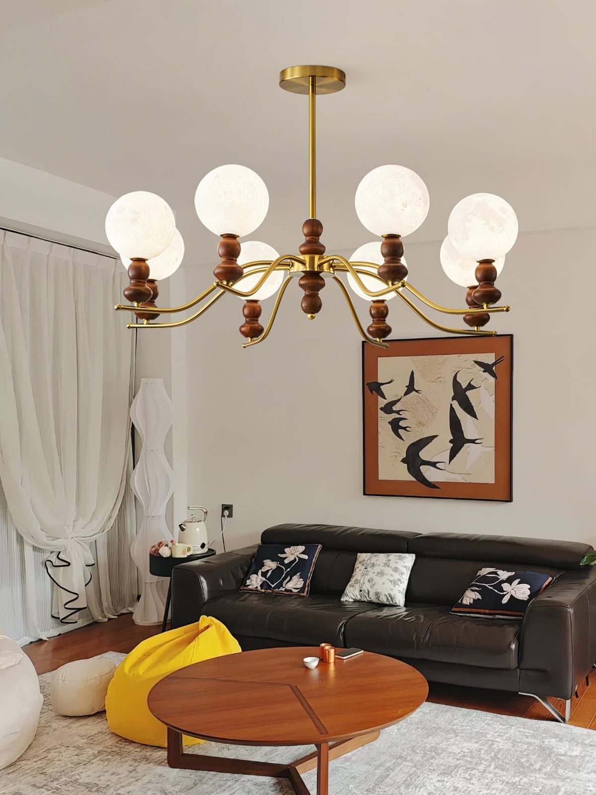 Elvivira Chandelier Brass Wood Moon Globe Elegant