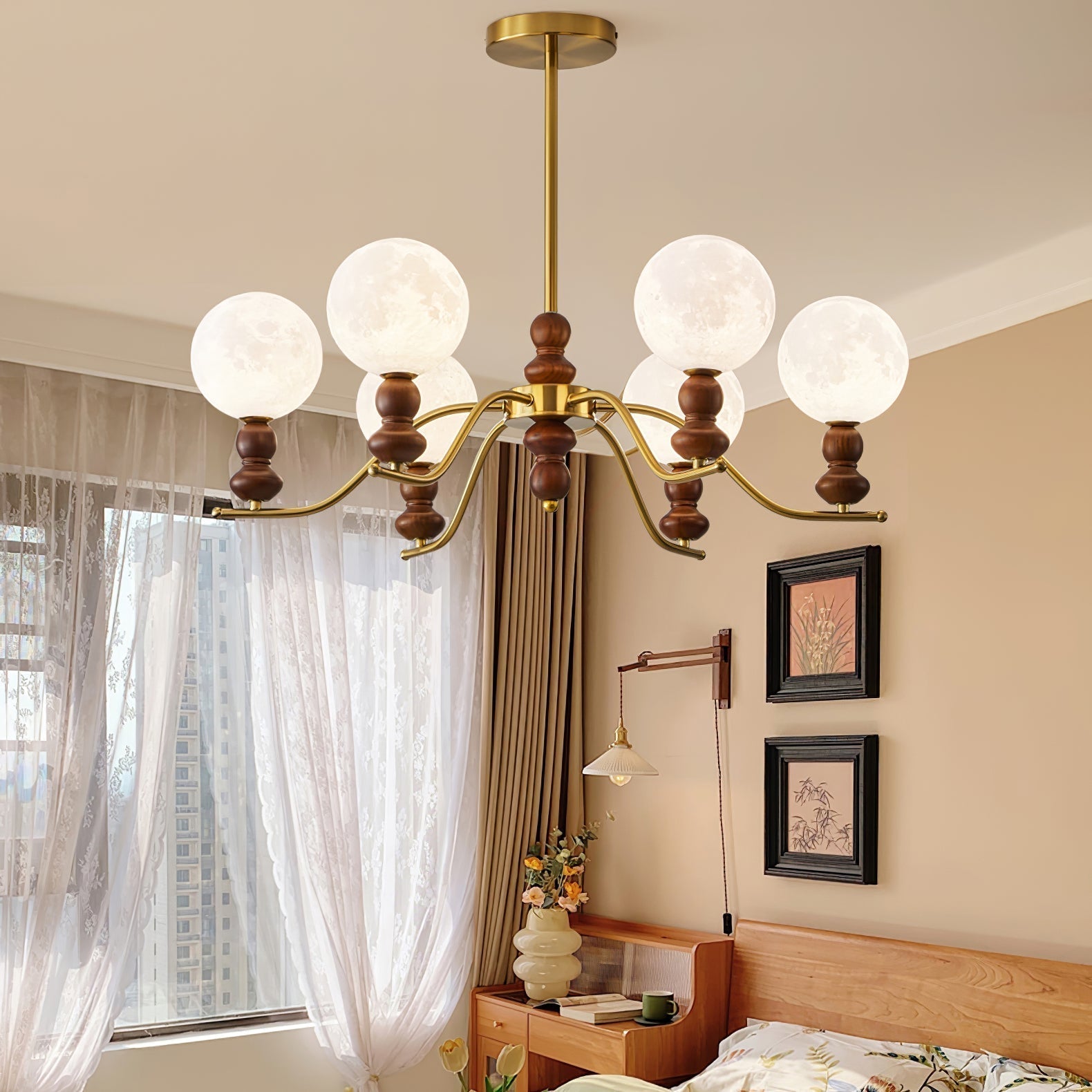 Elvivira Chandelier Brass Wood Moon Globe Elegant