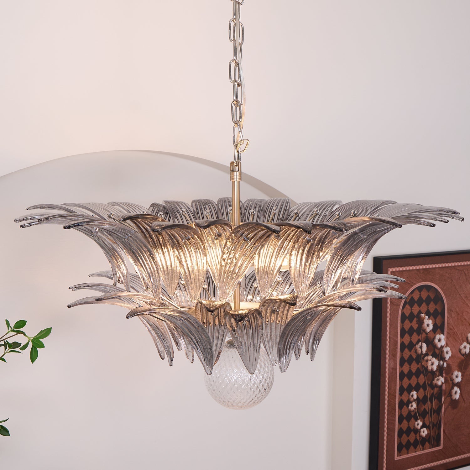 Liororira Chandelier Palmette Clear Murano Glass Leaf Layered