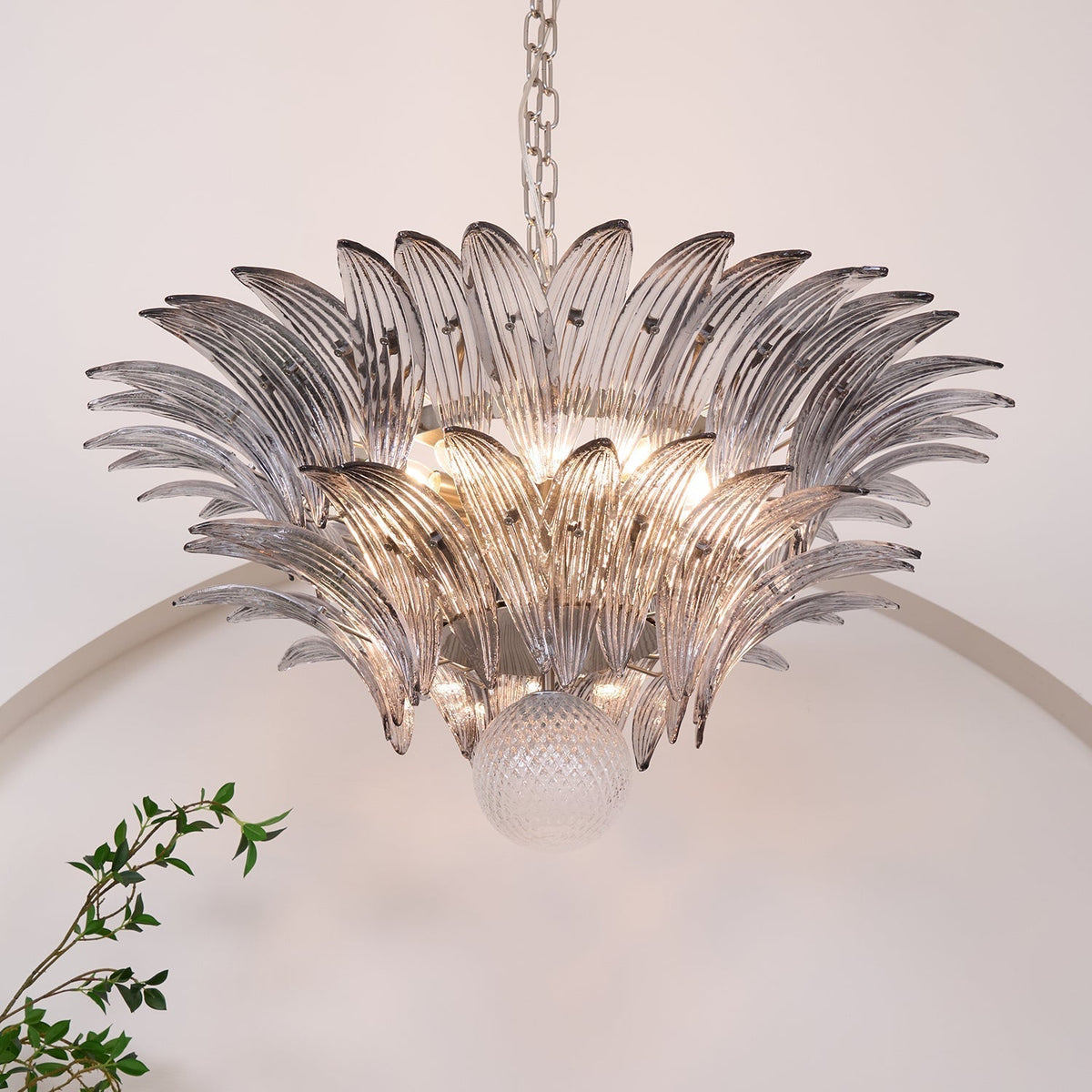 Liororira Chandelier Palmette Clear Murano Glass Leaf Layered
