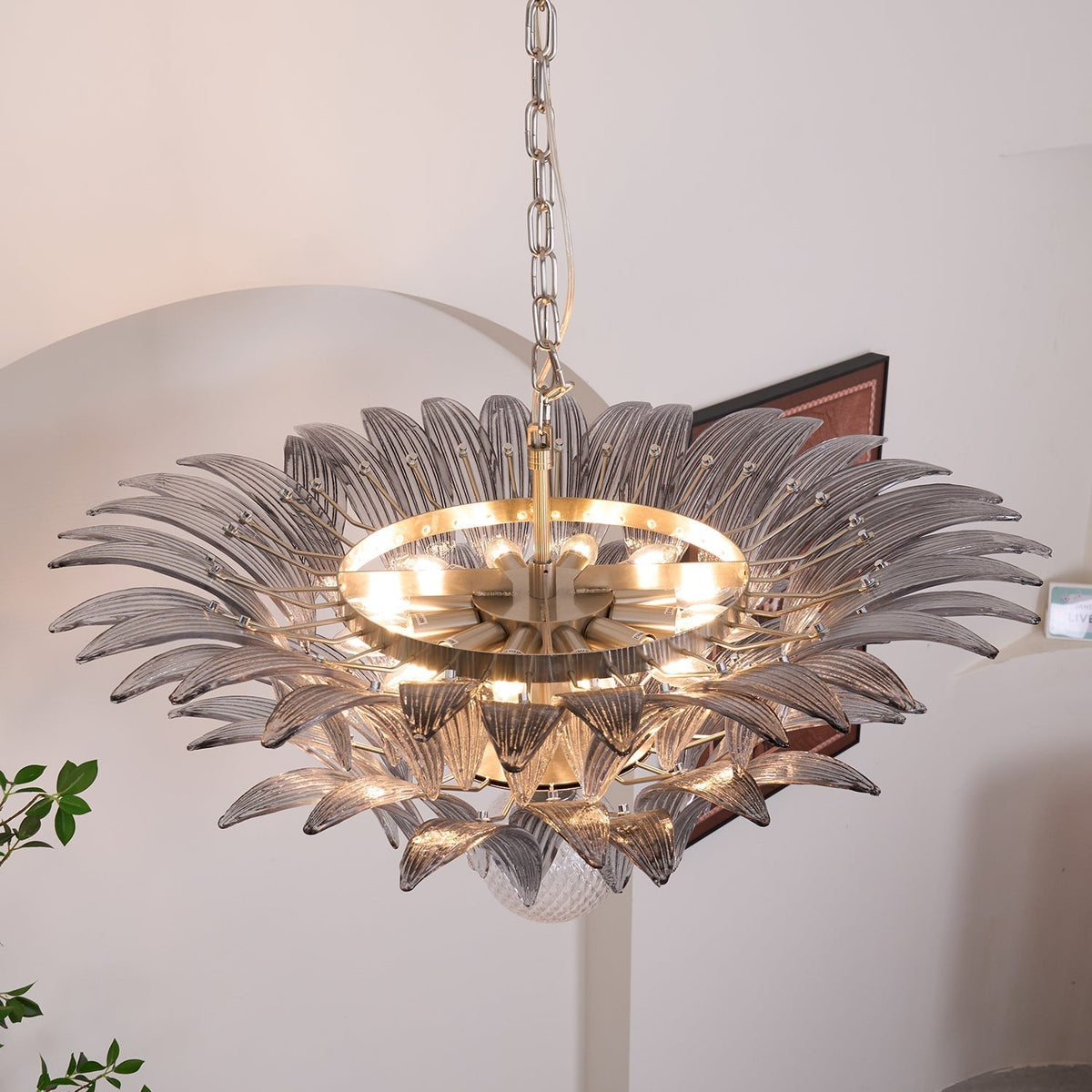 Liororira Chandelier Palmette Clear Murano Glass Leaf Layered