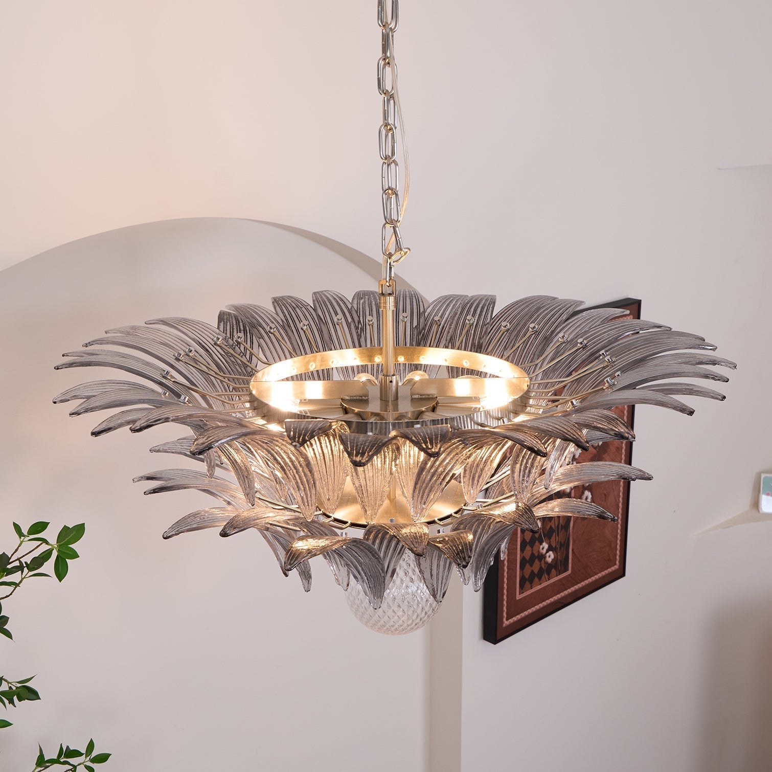 Liororira Chandelier Palmette Clear Murano Glass Leaf Layered