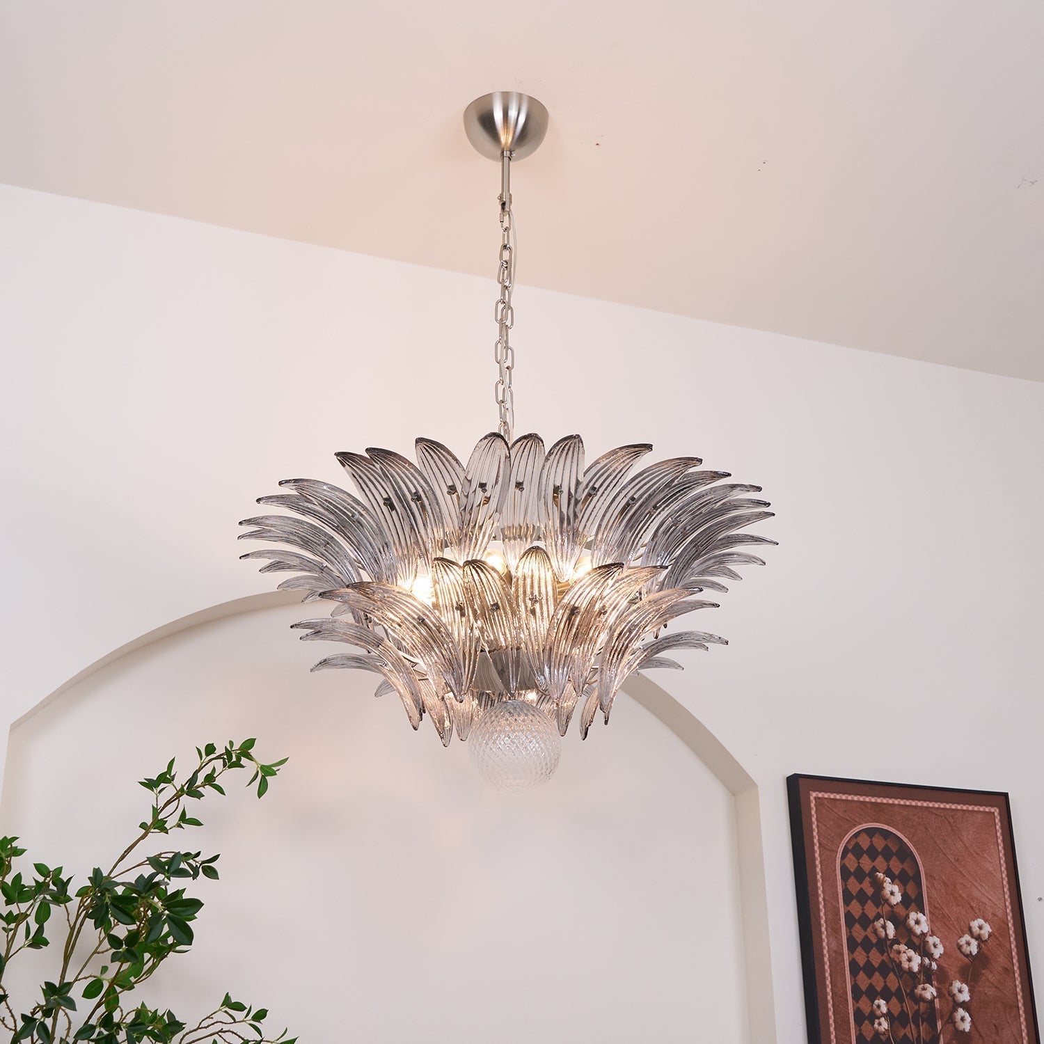 Liororira Chandelier Palmette Clear Murano Glass Leaf Layered