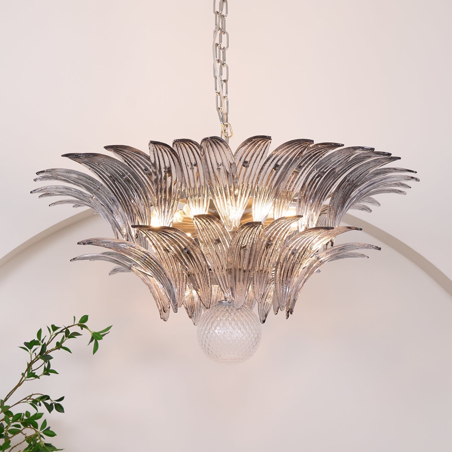 Liororira Chandelier Palmette Clear Murano Glass Leaf Layered