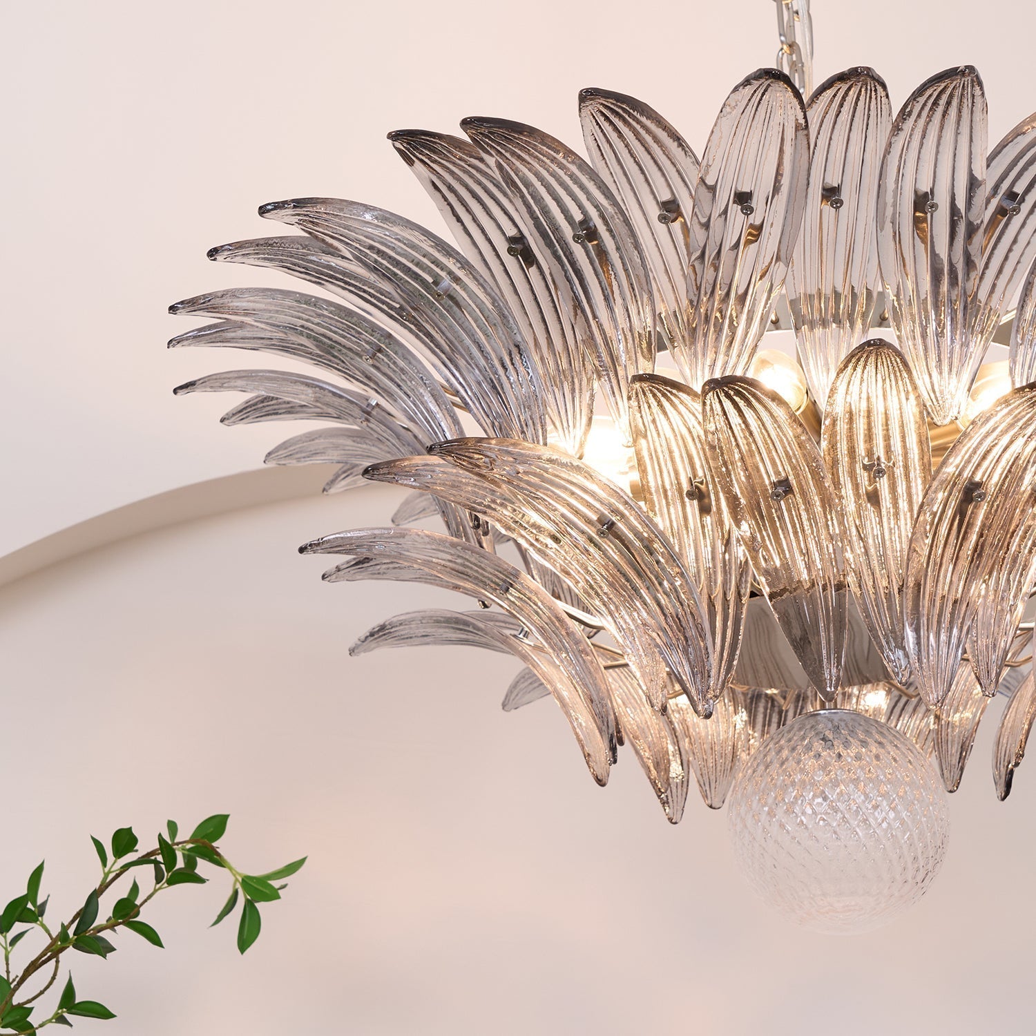 Liororira Chandelier Palmette Clear Murano Glass Leaf Layered