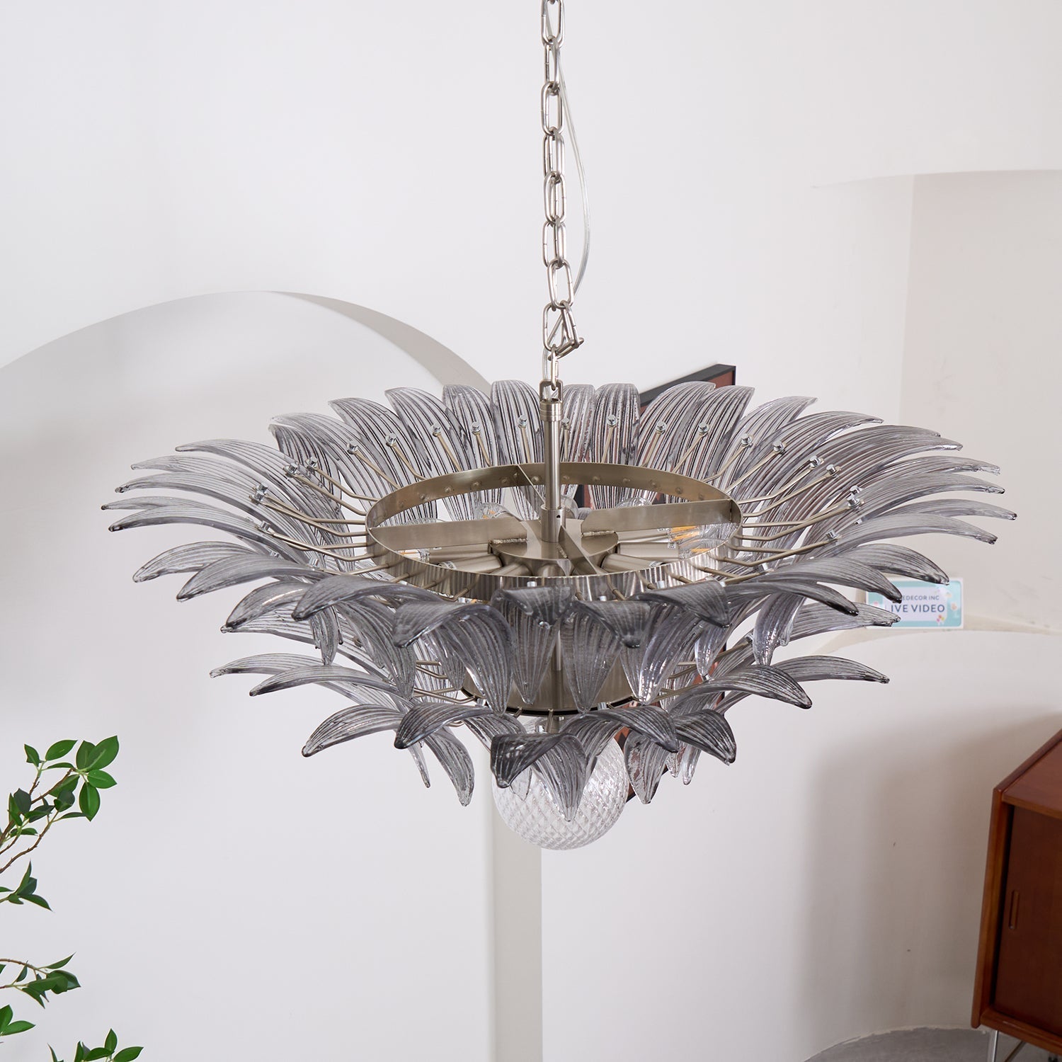 Liororira Chandelier Palmette Clear Murano Glass Leaf Layered