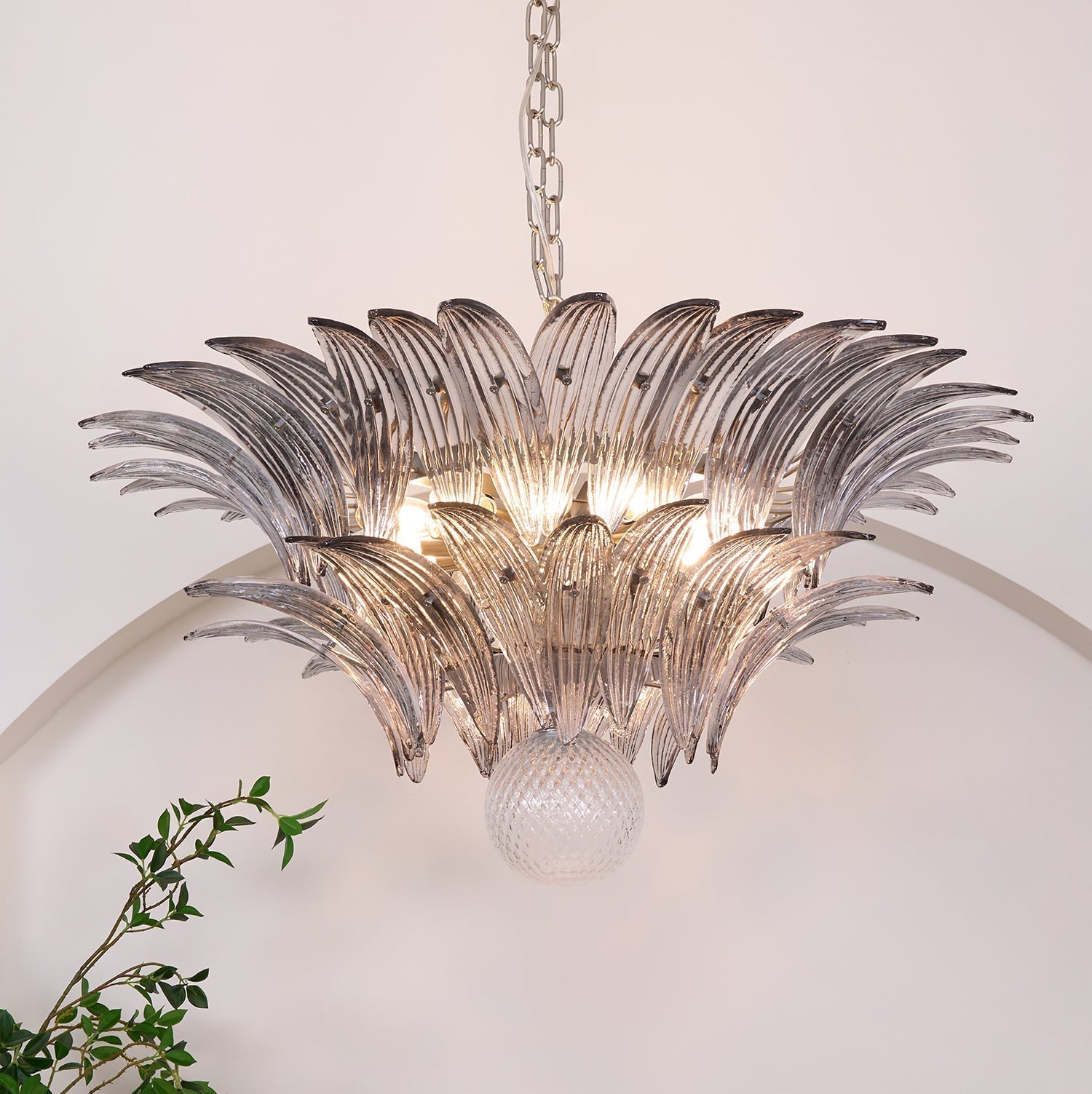 Liororira Chandelier Palmette Clear Murano Glass Leaf Layered