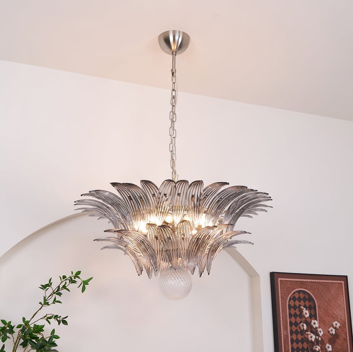 Liororira Chandelier Palmette Clear Murano Glass Leaf Layered
