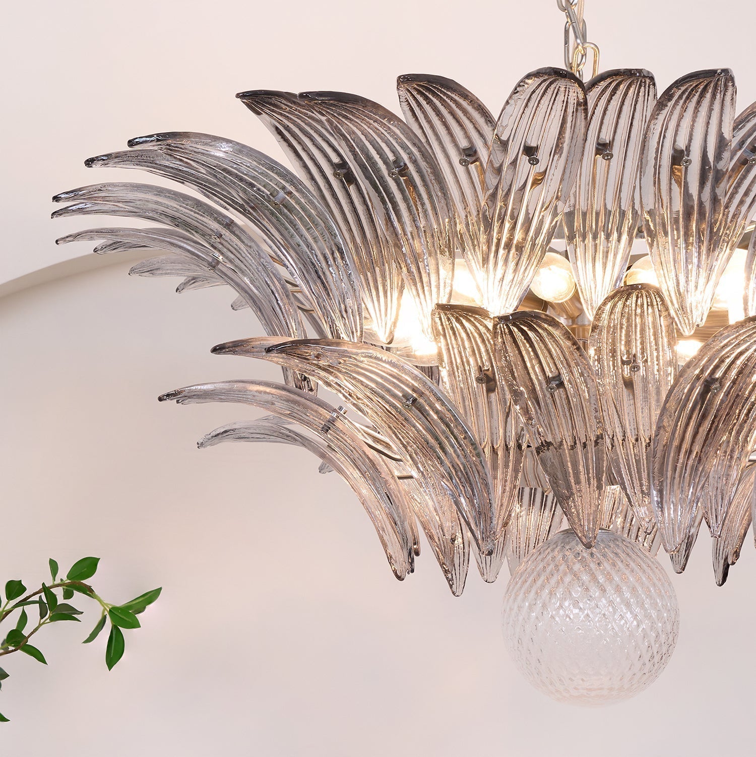 Liororira Chandelier Palmette Clear Murano Glass Leaf Layered