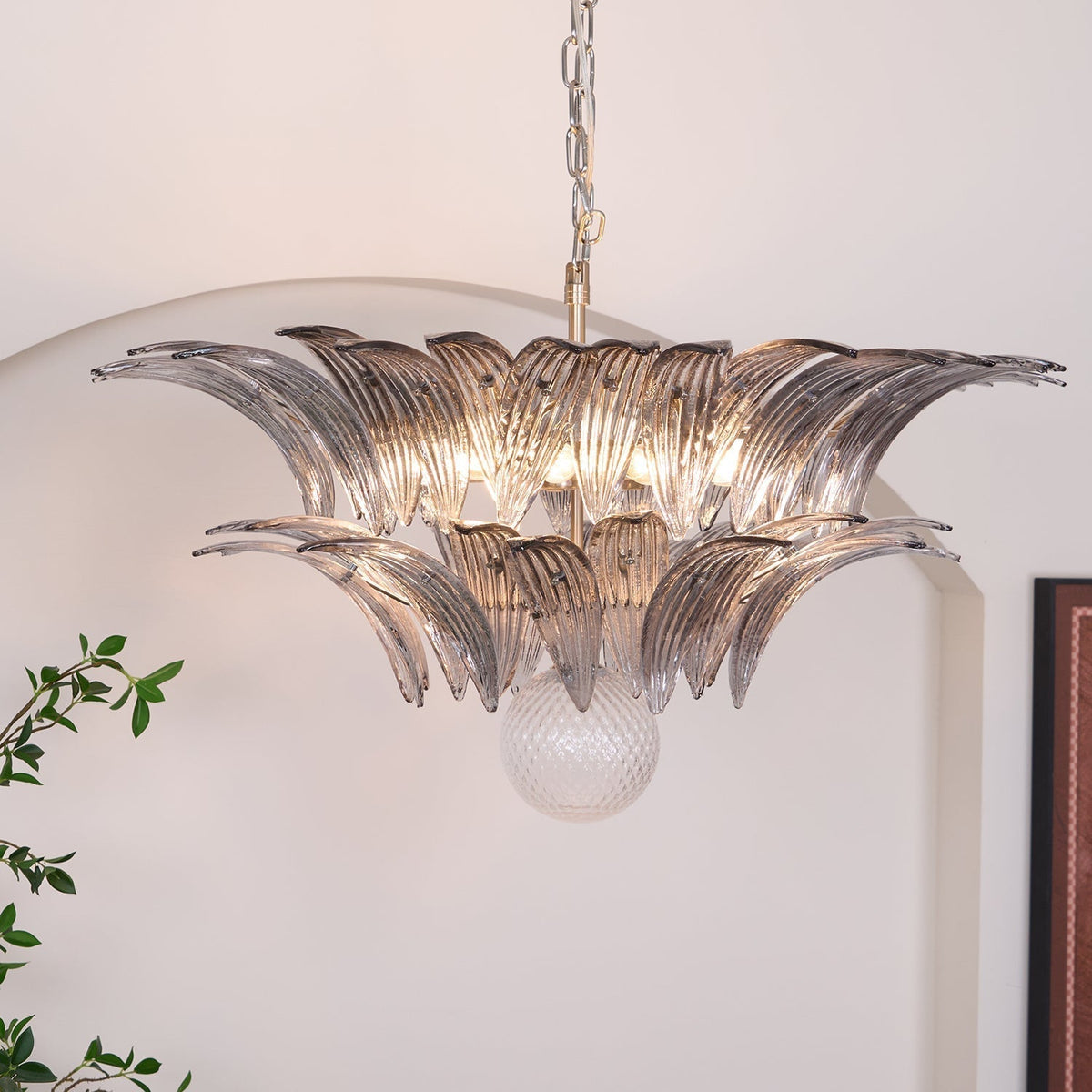 Liororira Chandelier Palmette Clear Murano Glass Leaf Layered