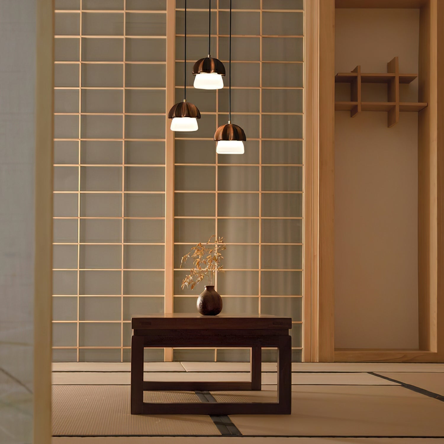 Rineine Pendant Lamp Mushroom Cluster Wood & Glass