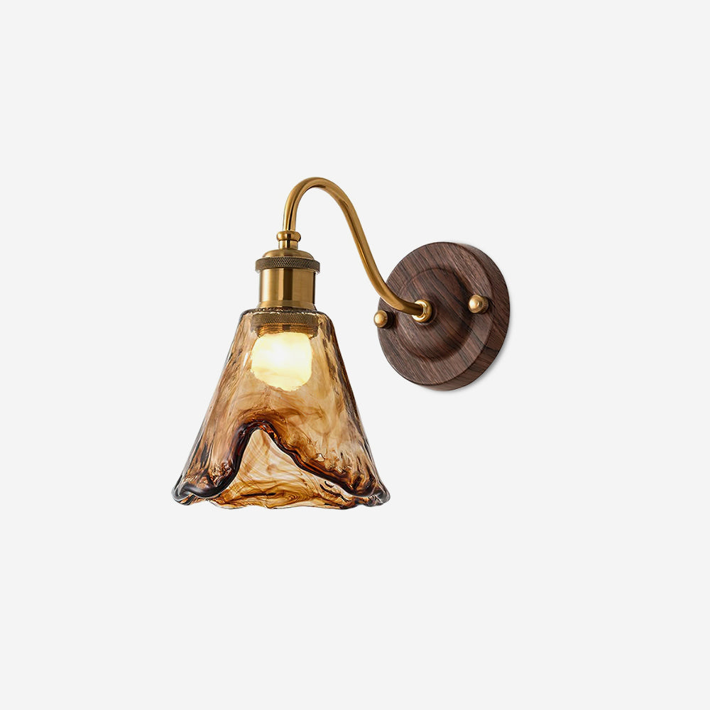 Wall Lamp Amber Glass Shade Walnut Gold Vintage Modern Sconce - Neutral Decor