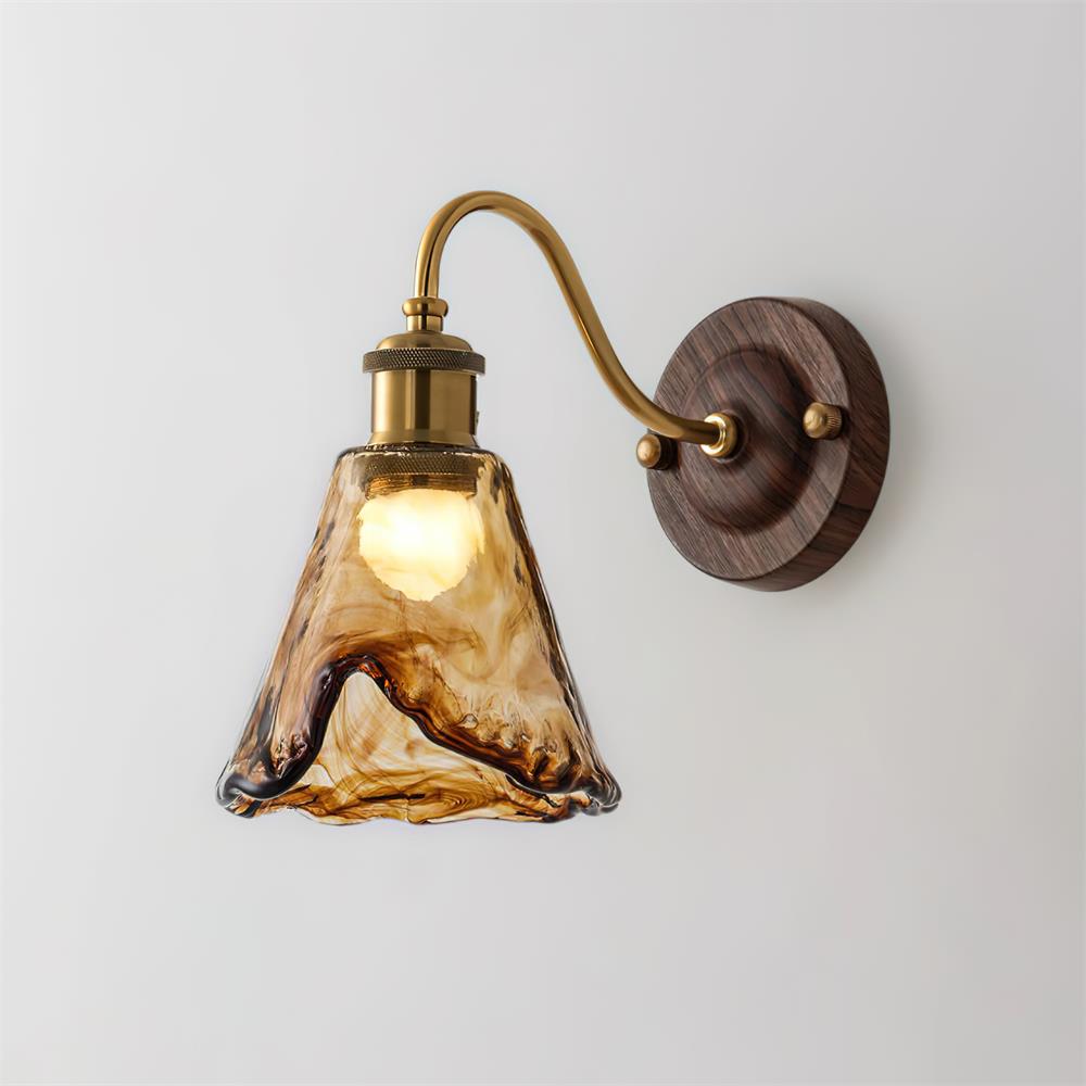 Wall Lamp Amber Glass Shade Walnut Gold Vintage Modern Sconce - Neutral Decor