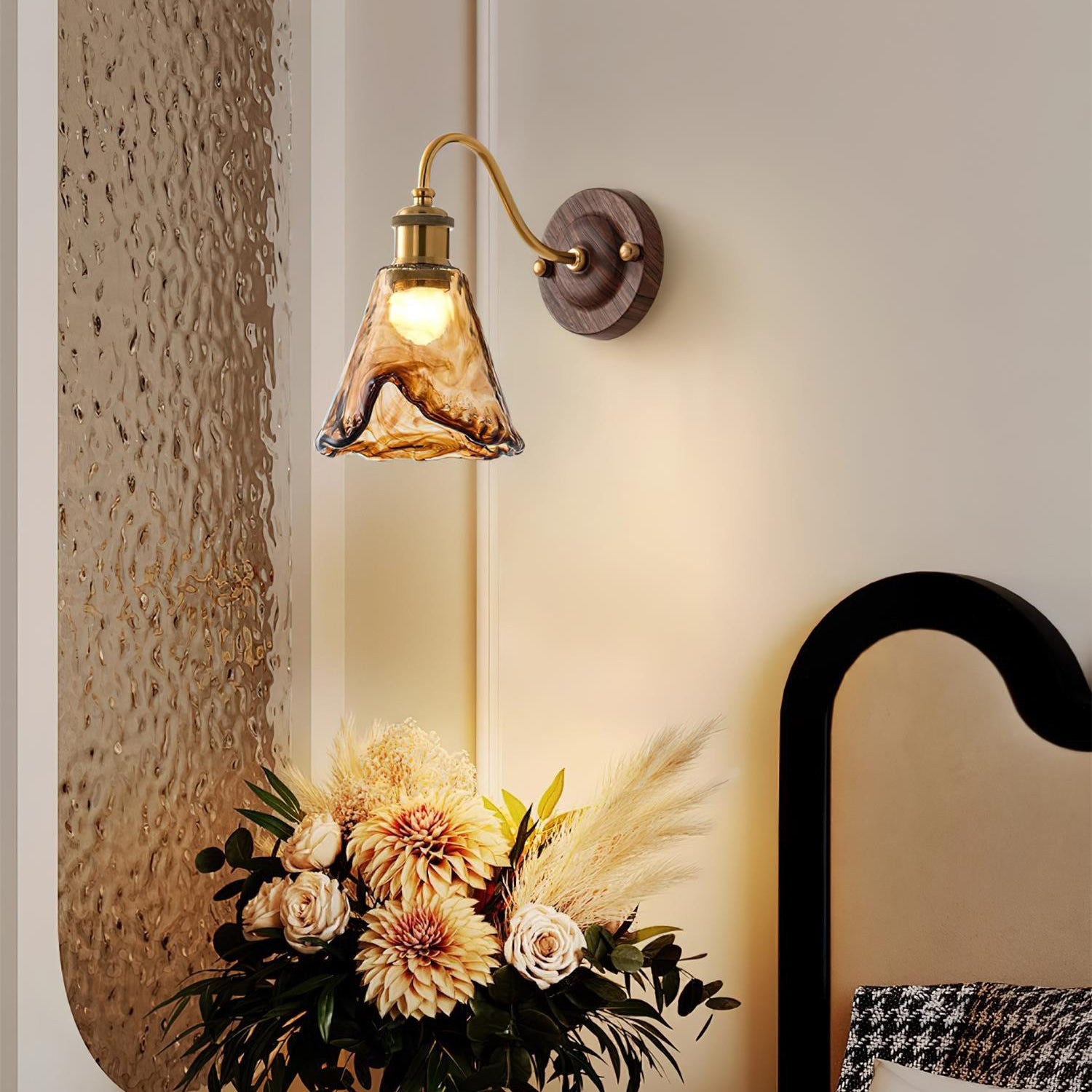 Wall Lamp Amber Glass Shade Walnut Gold Vintage Modern Sconce - Neutral Decor