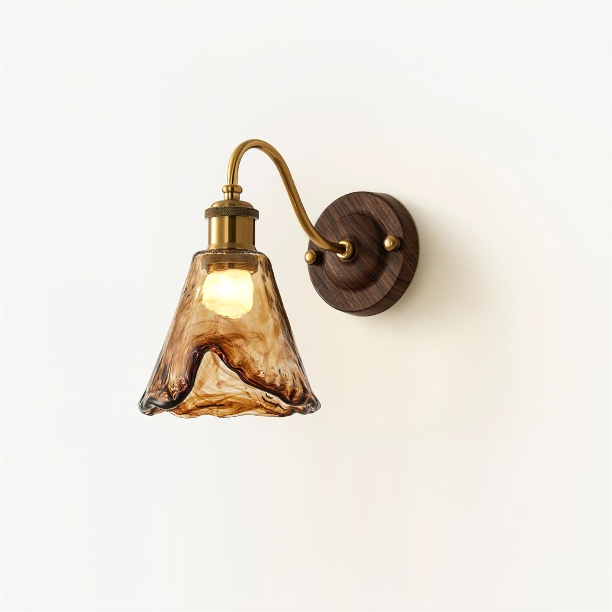 Wall Lamp Amber Glass Shade Walnut Gold Vintage Modern Sconce - Neutral Decor