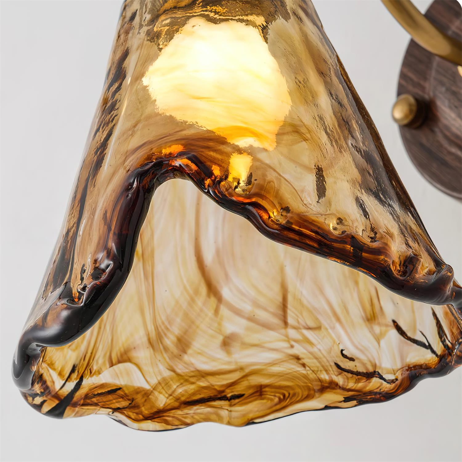 Wall Lamp Amber Glass Shade Walnut Gold Vintage Modern Sconce - Neutral Decor
