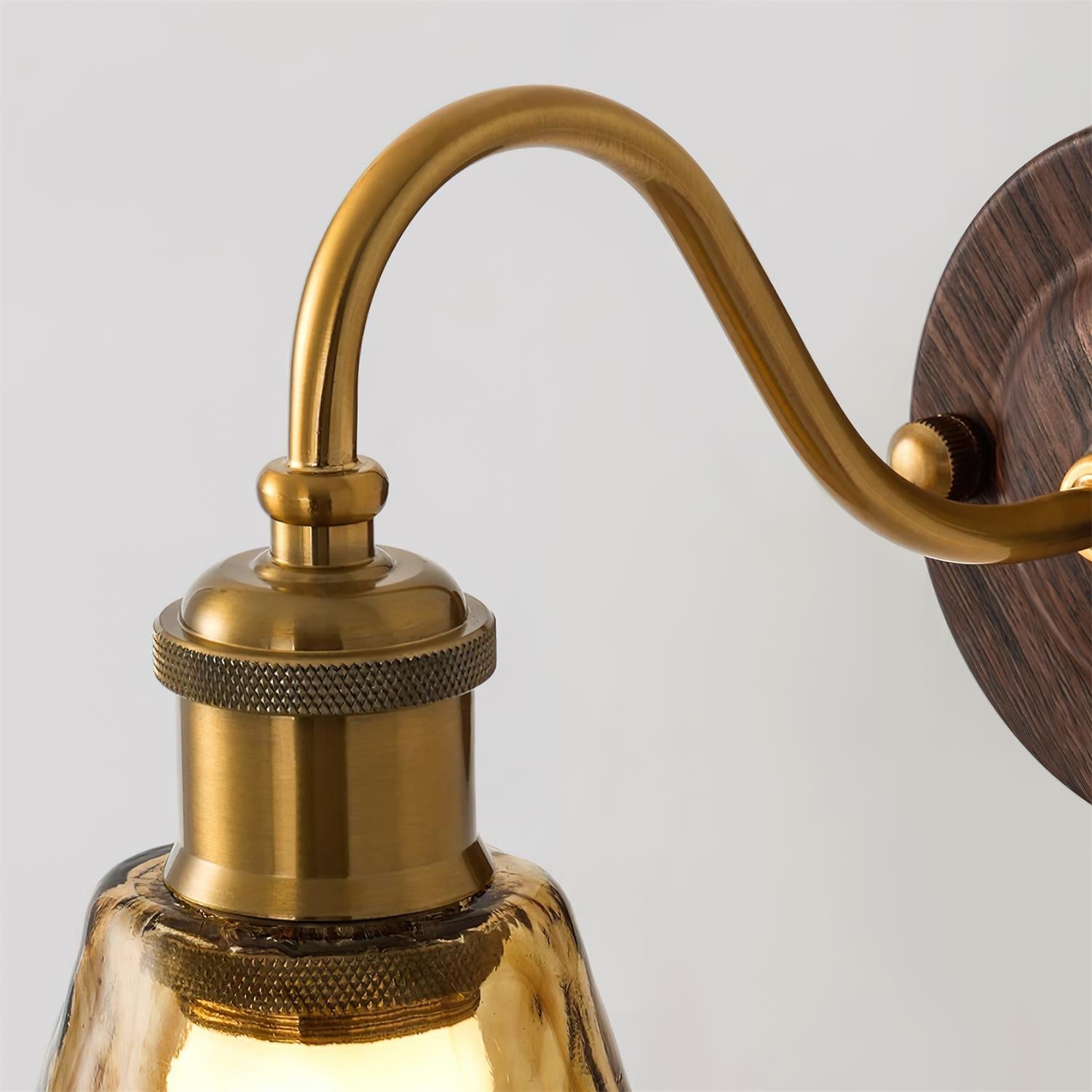 Wall Lamp Amber Glass Shade Walnut Gold Vintage Modern Sconce - Neutral Decor