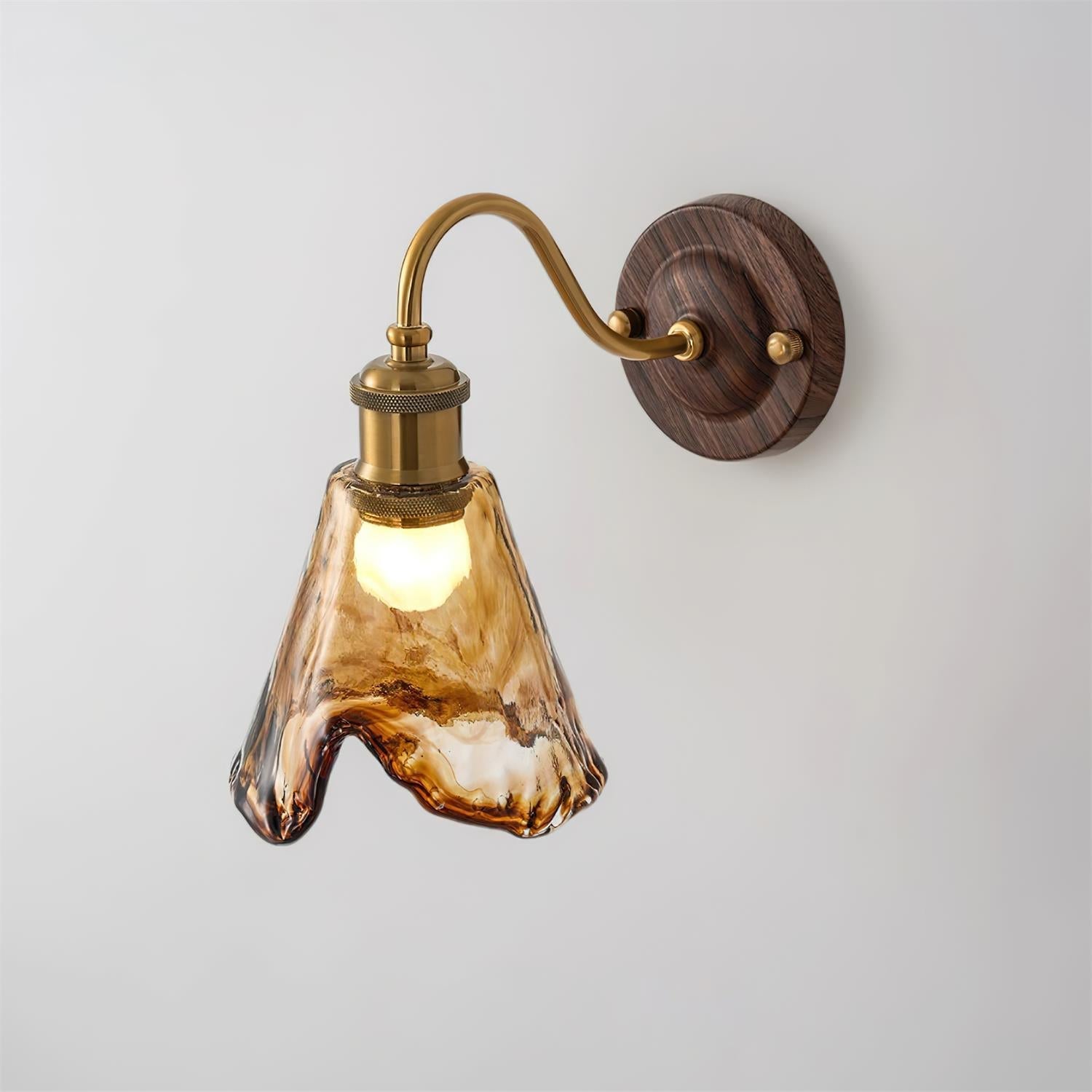 Wall Lamp Amber Glass Shade Walnut Gold Vintage Modern Sconce - Neutral Decor