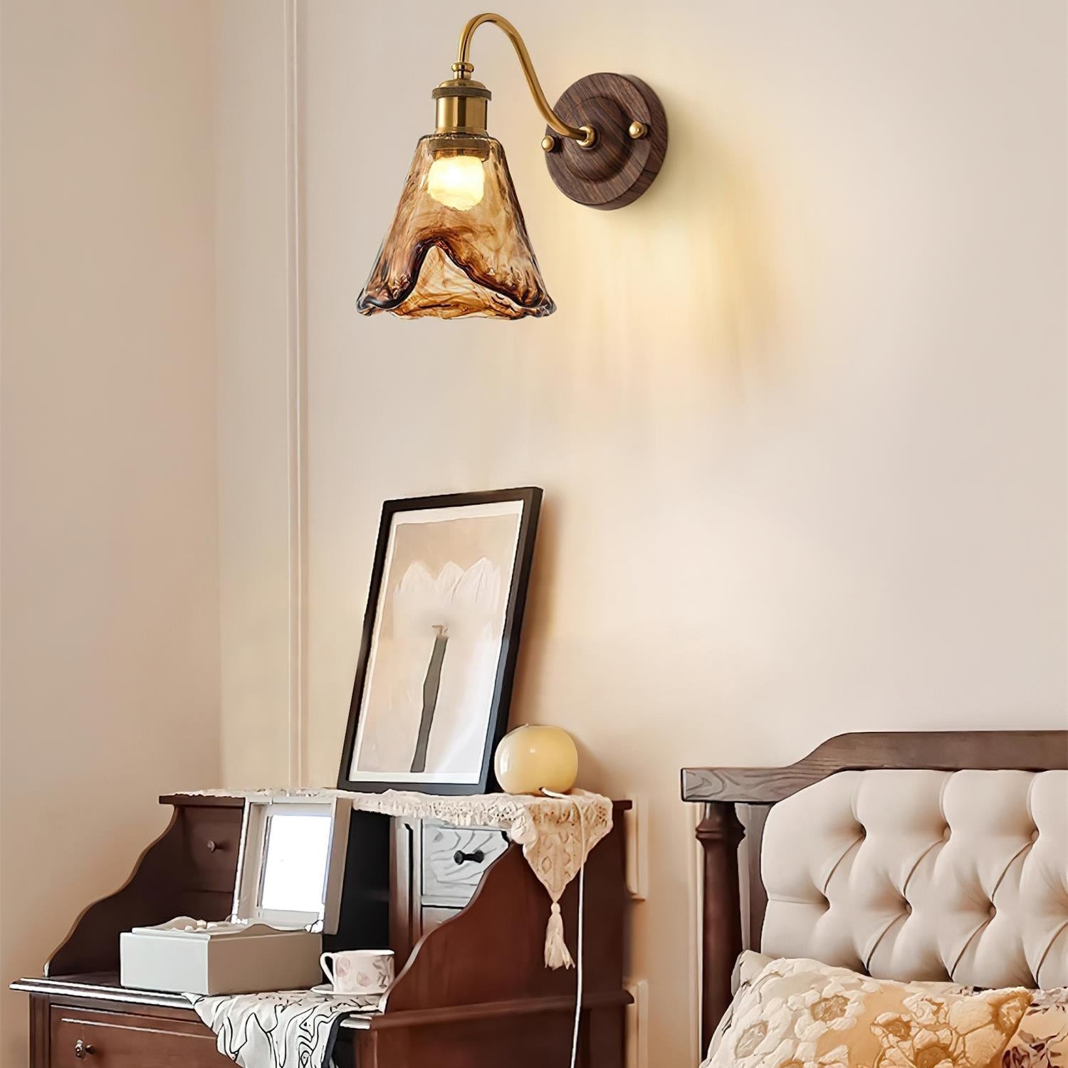 Wall Lamp Amber Glass Shade Walnut Gold Vintage Modern Sconce - Neutral Decor