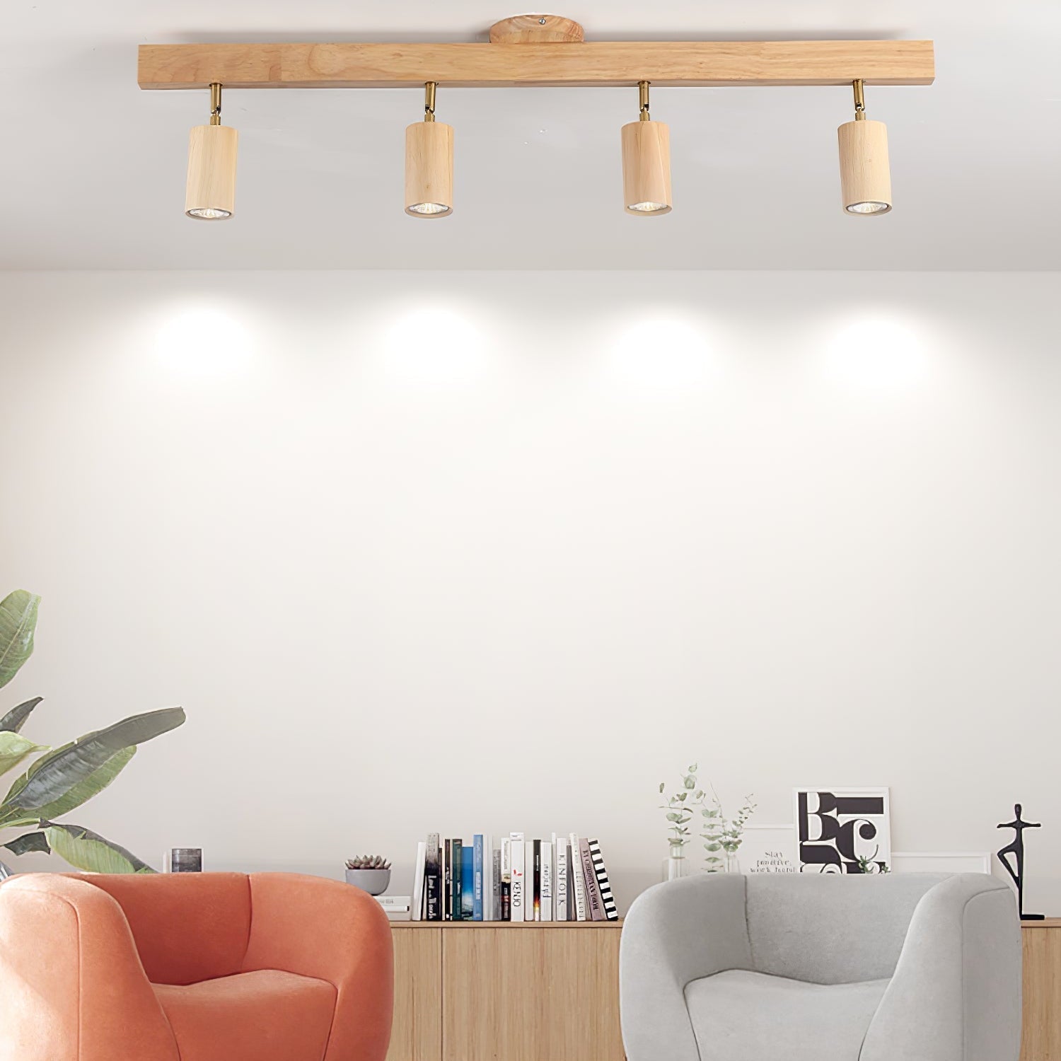 Nola Ceiling Lamp Natural Wood Beam with Spotlight
