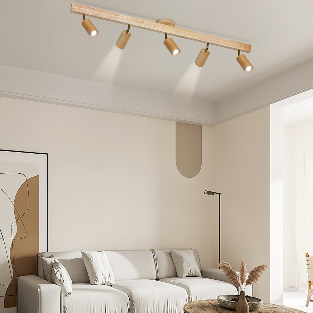 Nola Ceiling Lamp Natural Wood Beam with Spotlight