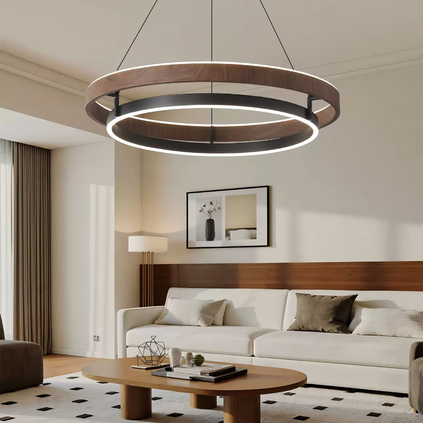 Niseko Chandelier Double Ring Design With LED Glow - Neutral Decor