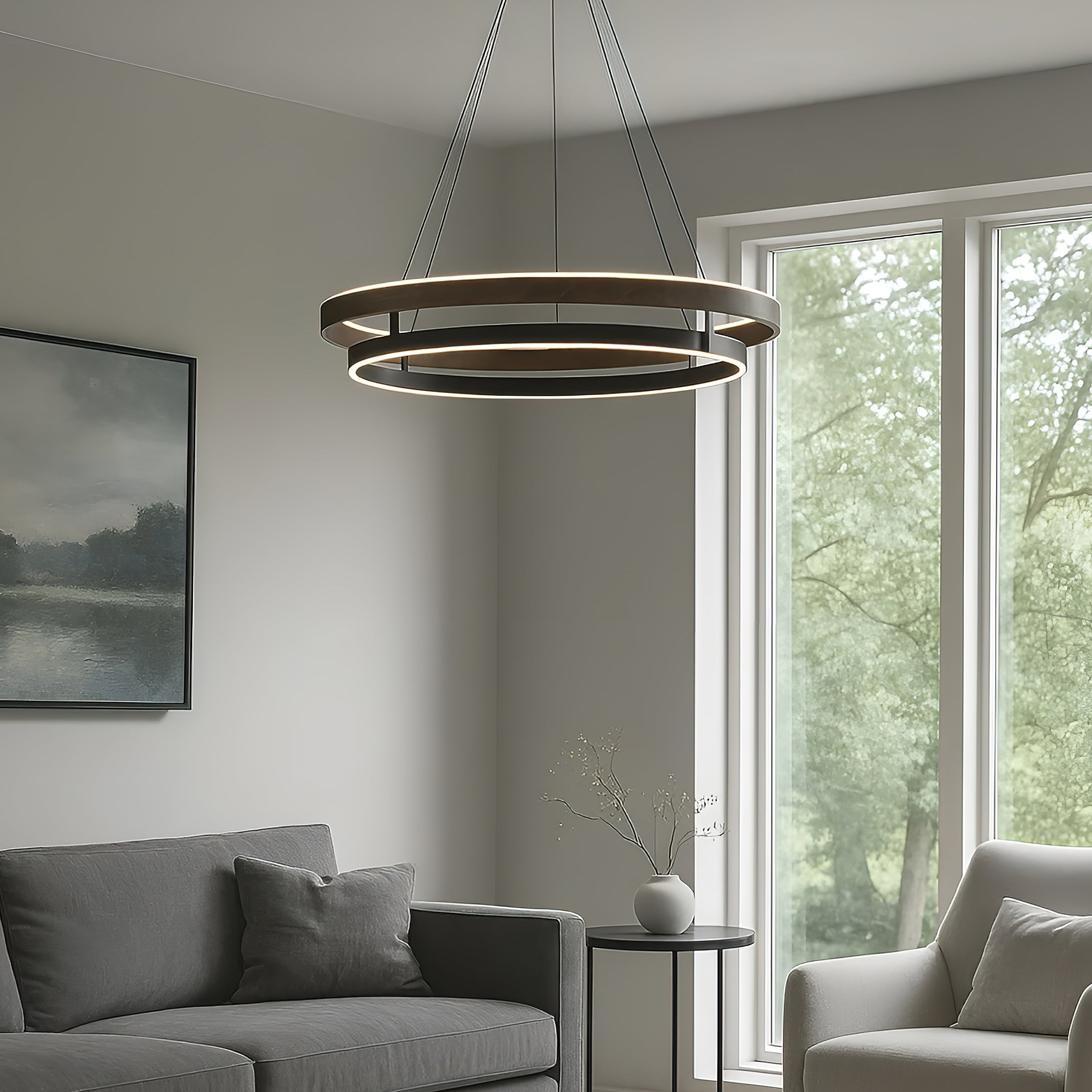 Niseko Chandelier Double Ring Design With LED Glow - Neutral Decor