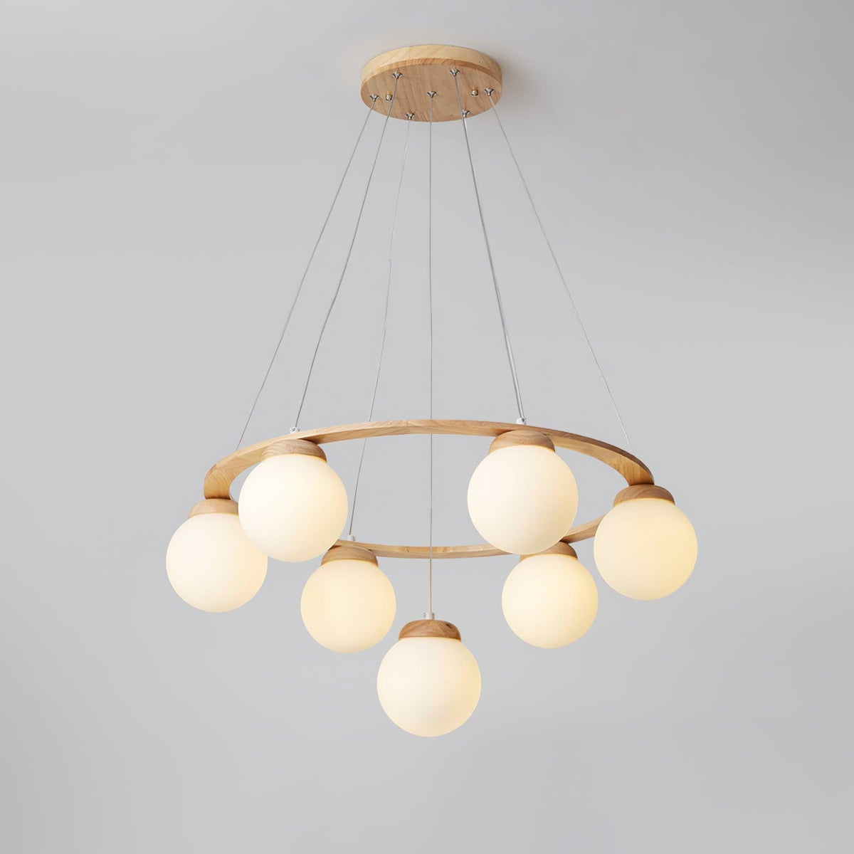 Aelion Chandelier Wood Ring Opal Glass Globes