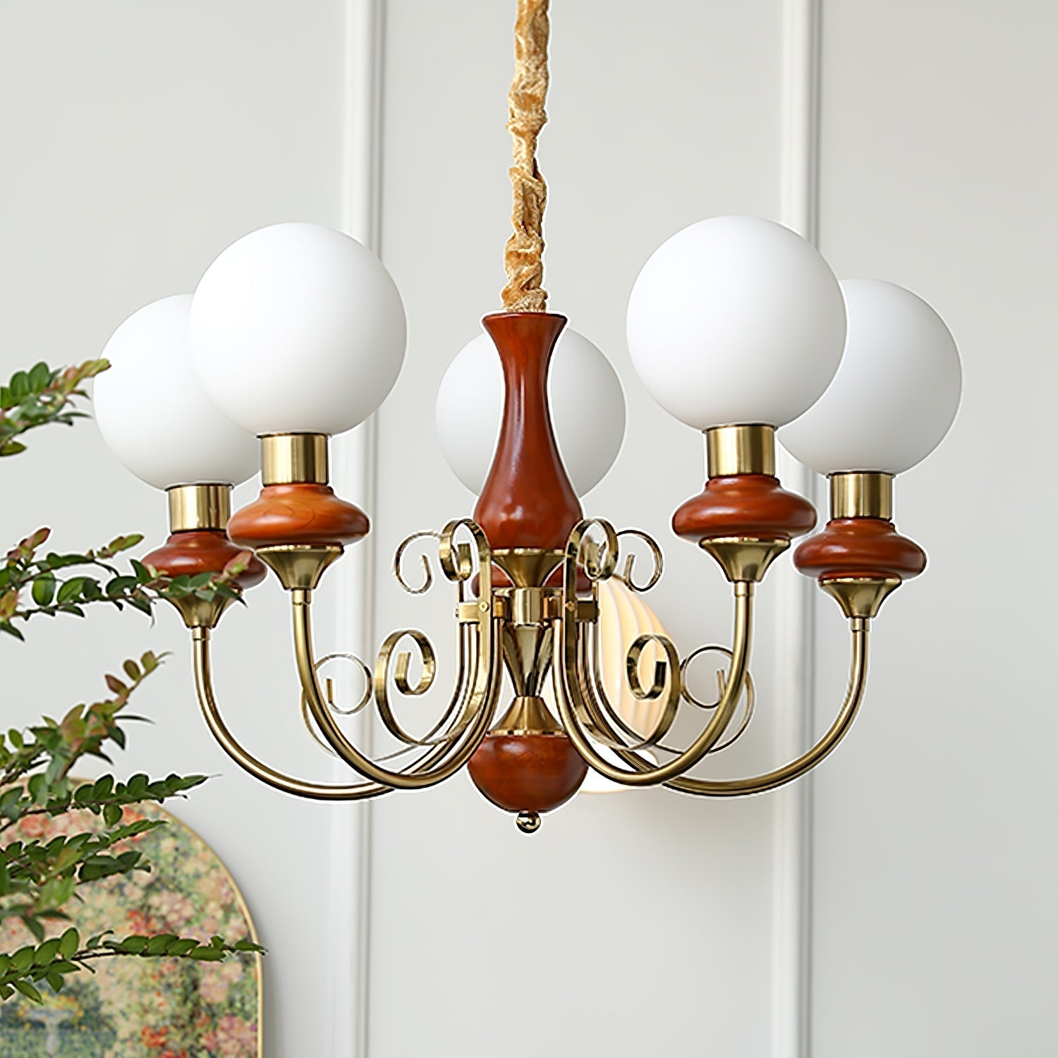 Lustra Chandelier Green Shades Gold Curved Arms - Neutral Decor