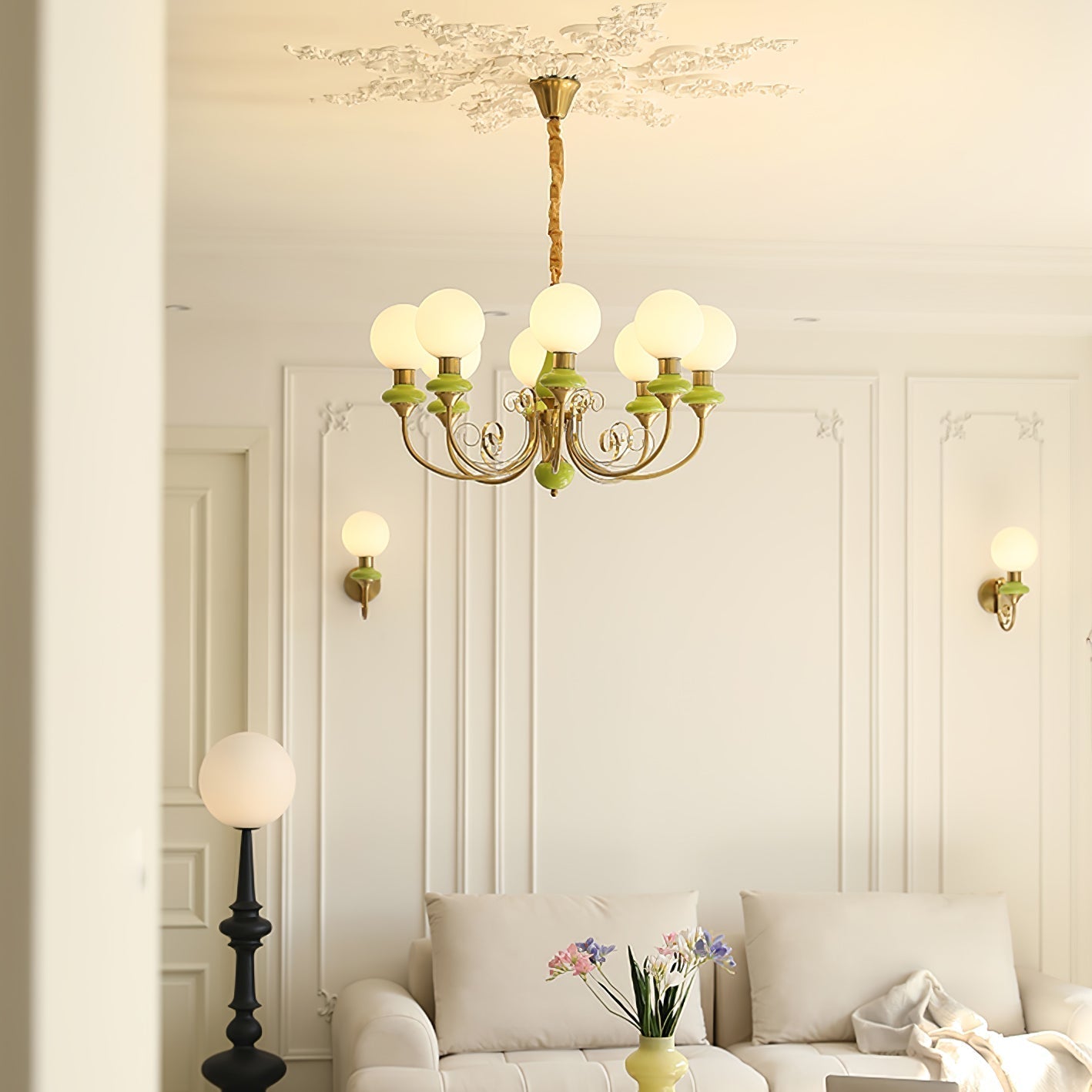 Lustra Chandelier Green Shades Gold Curved Arms - Neutral Decor