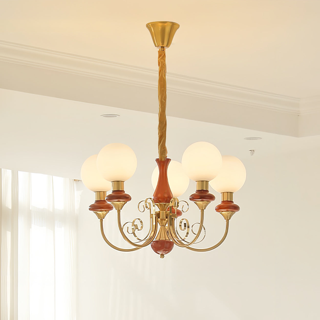 Lustra Chandelier Green Shades Gold Curved Arms - Neutral Decor