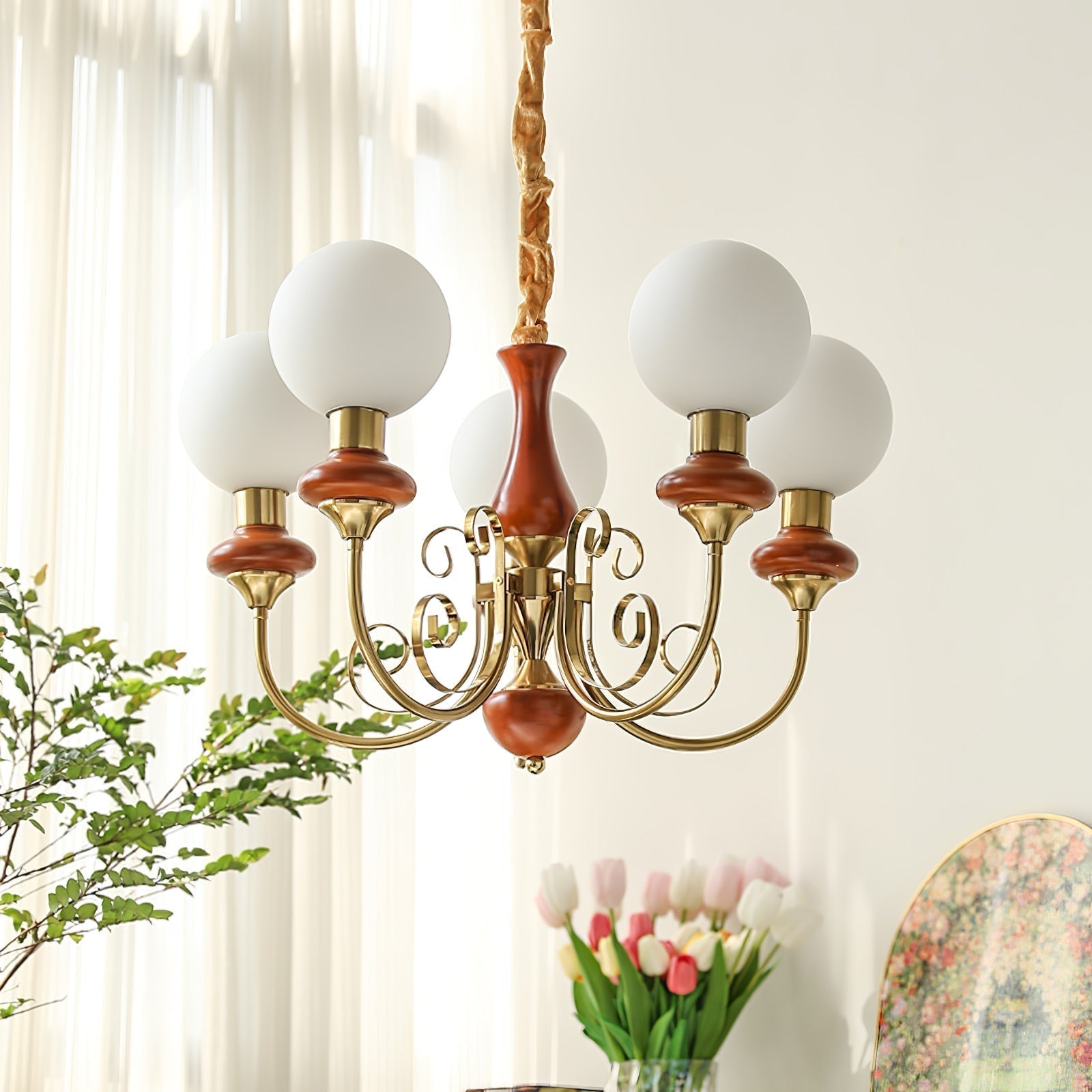 Lustra Chandelier Green Shades Gold Curved Arms - Neutral Decor