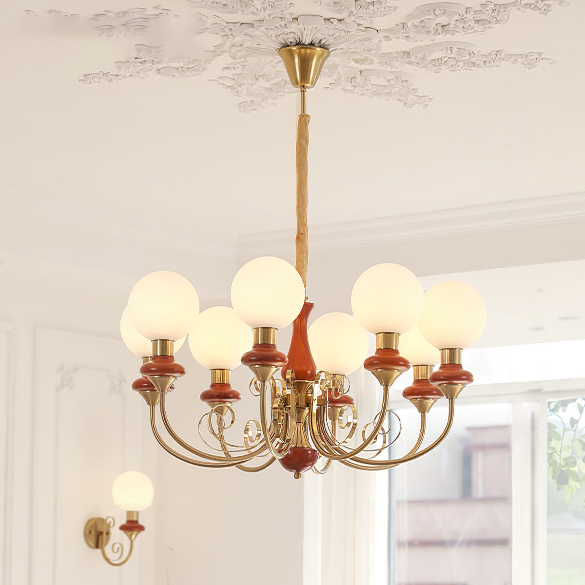 Aurorian Chandelier Green Shades Gold Curved Arms