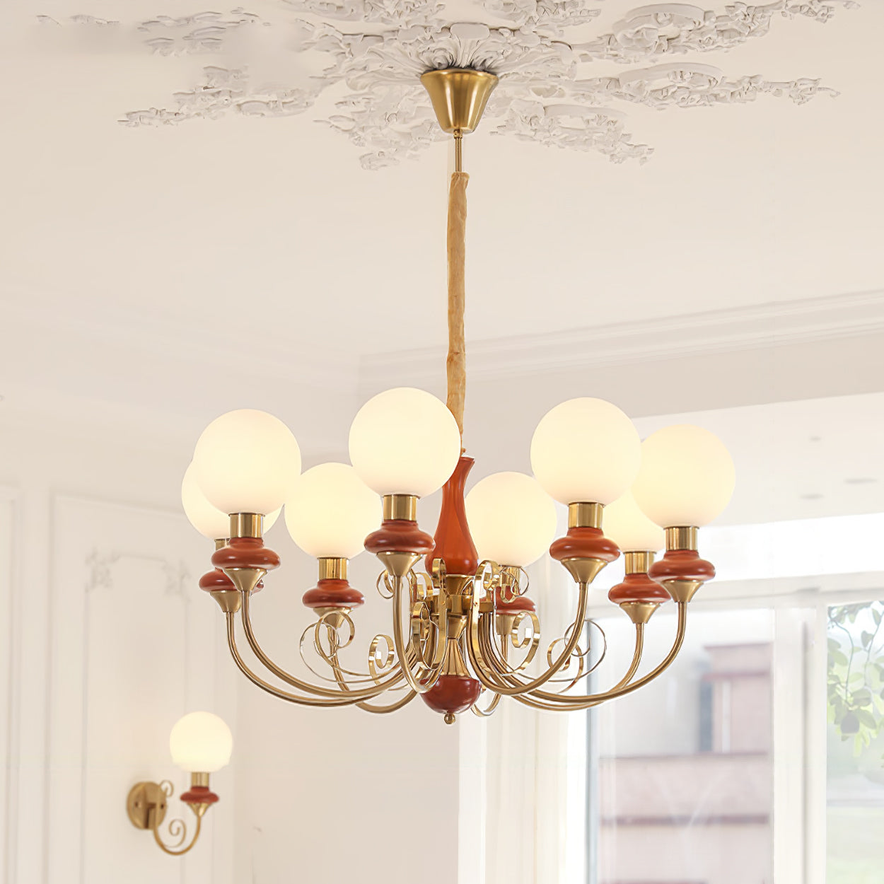 Lustra Chandelier Green Shades Gold Curved Arms - Neutral Decor