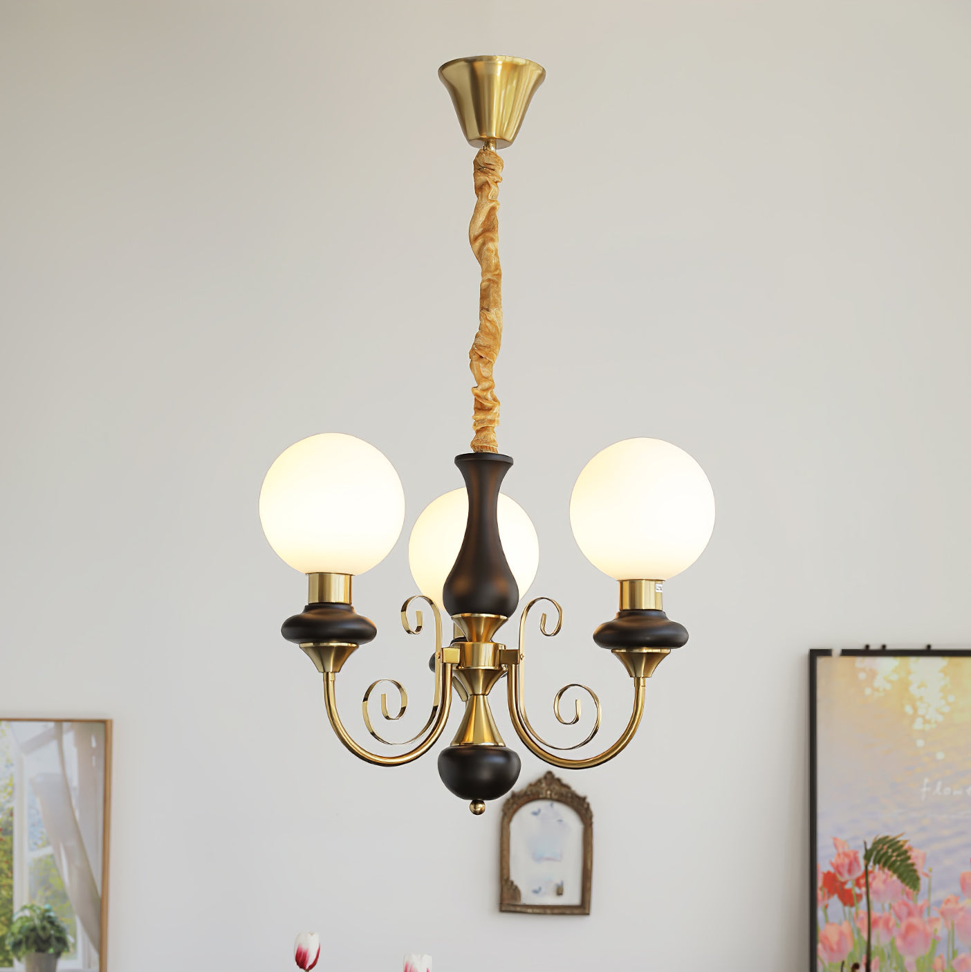 Lustra Chandelier Green Shades Gold Curved Arms - Neutral Decor