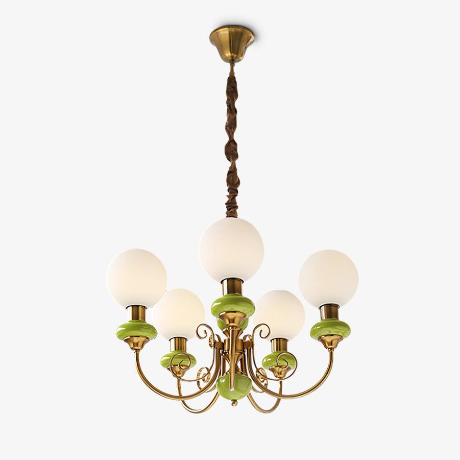 Lustra Chandelier Green Shades Gold Curved Arms - Neutral Decor