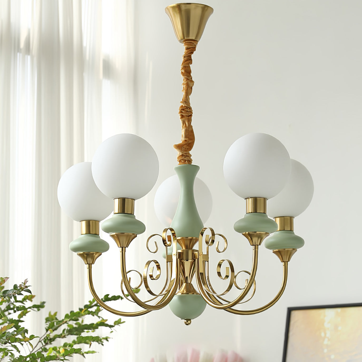 Lustra Chandelier Green Shades Gold Curved Arms - Neutral Decor