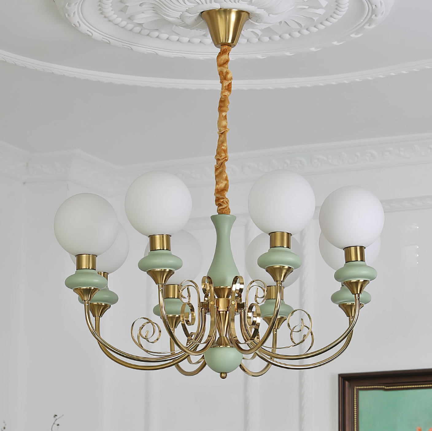 Lustra Chandelier Green Shades Gold Curved Arms - Neutral Decor
