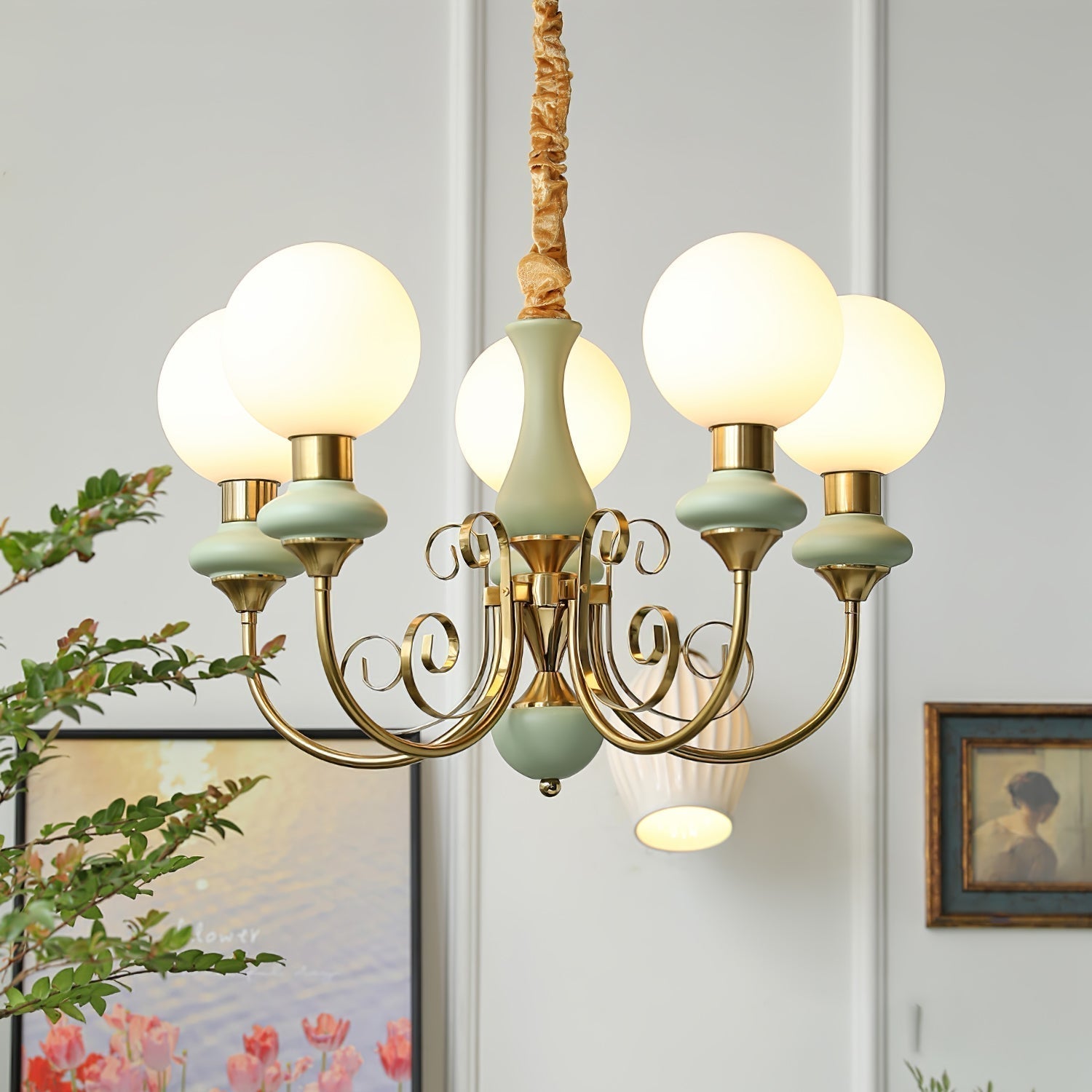 Aurorian Chandelier Green Shades Gold Curved Arms