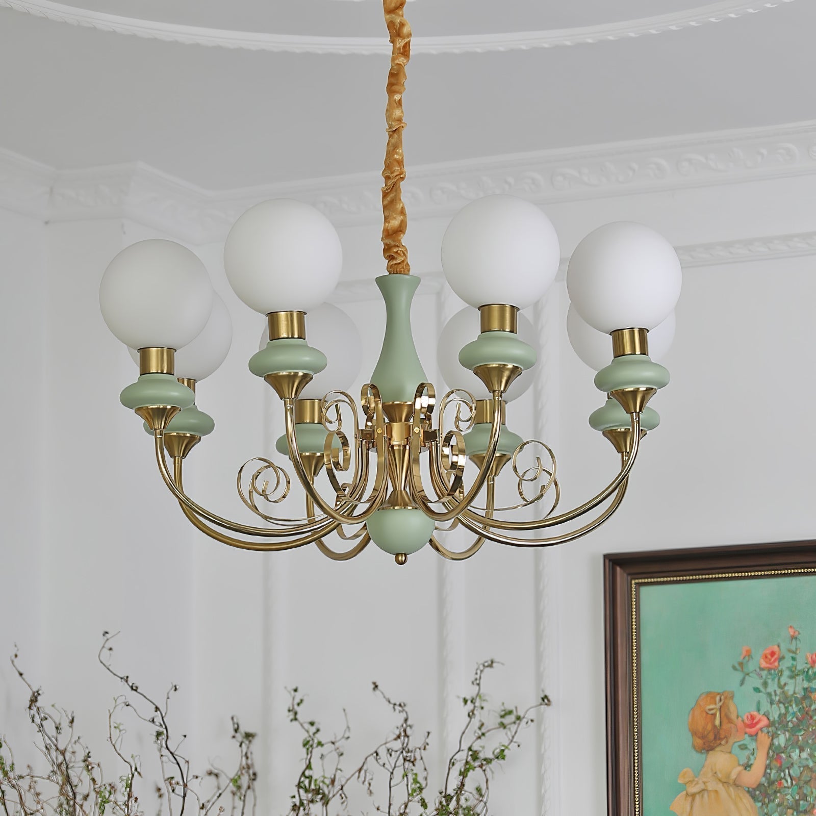 Lustra Chandelier Green Shades Gold Curved Arms - Neutral Decor