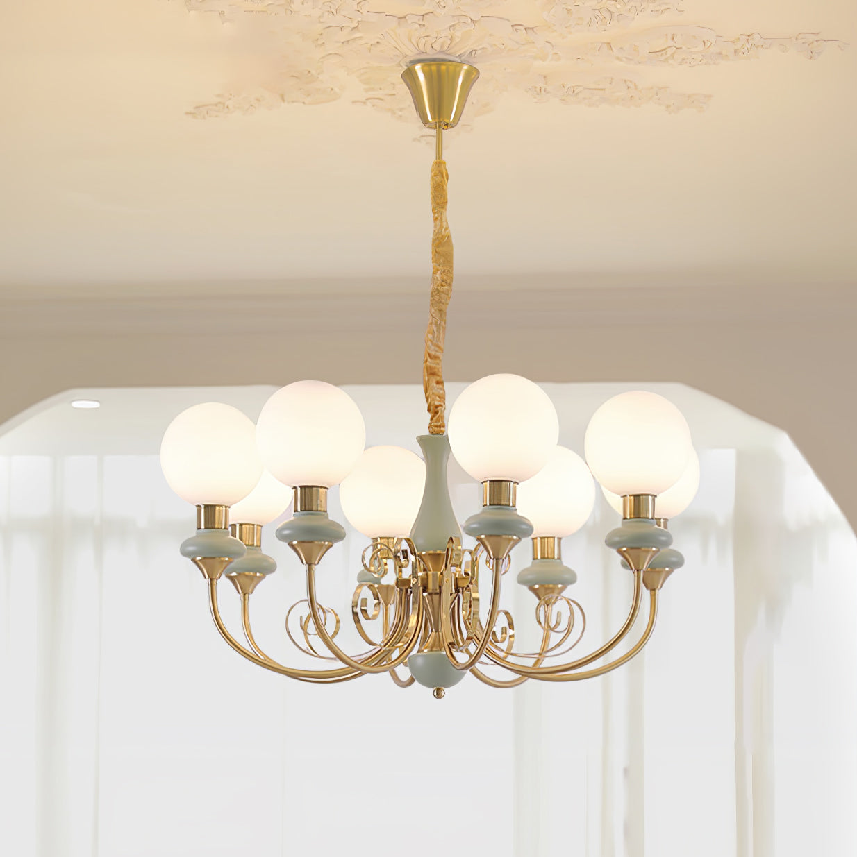 Lustra Chandelier Green Shades Gold Curved Arms - Neutral Decor