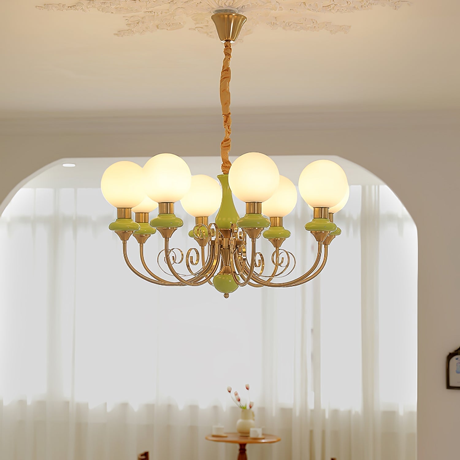 Lustra Chandelier Green Shades Gold Curved Arms - Neutral Decor