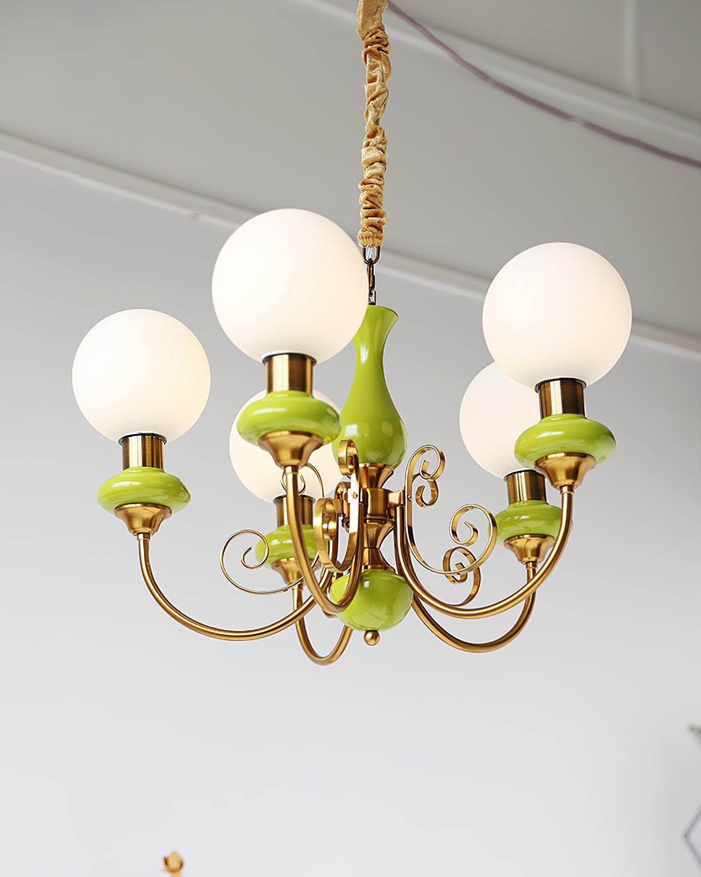 Lustra Chandelier Green Shades Gold Curved Arms - Neutral Decor