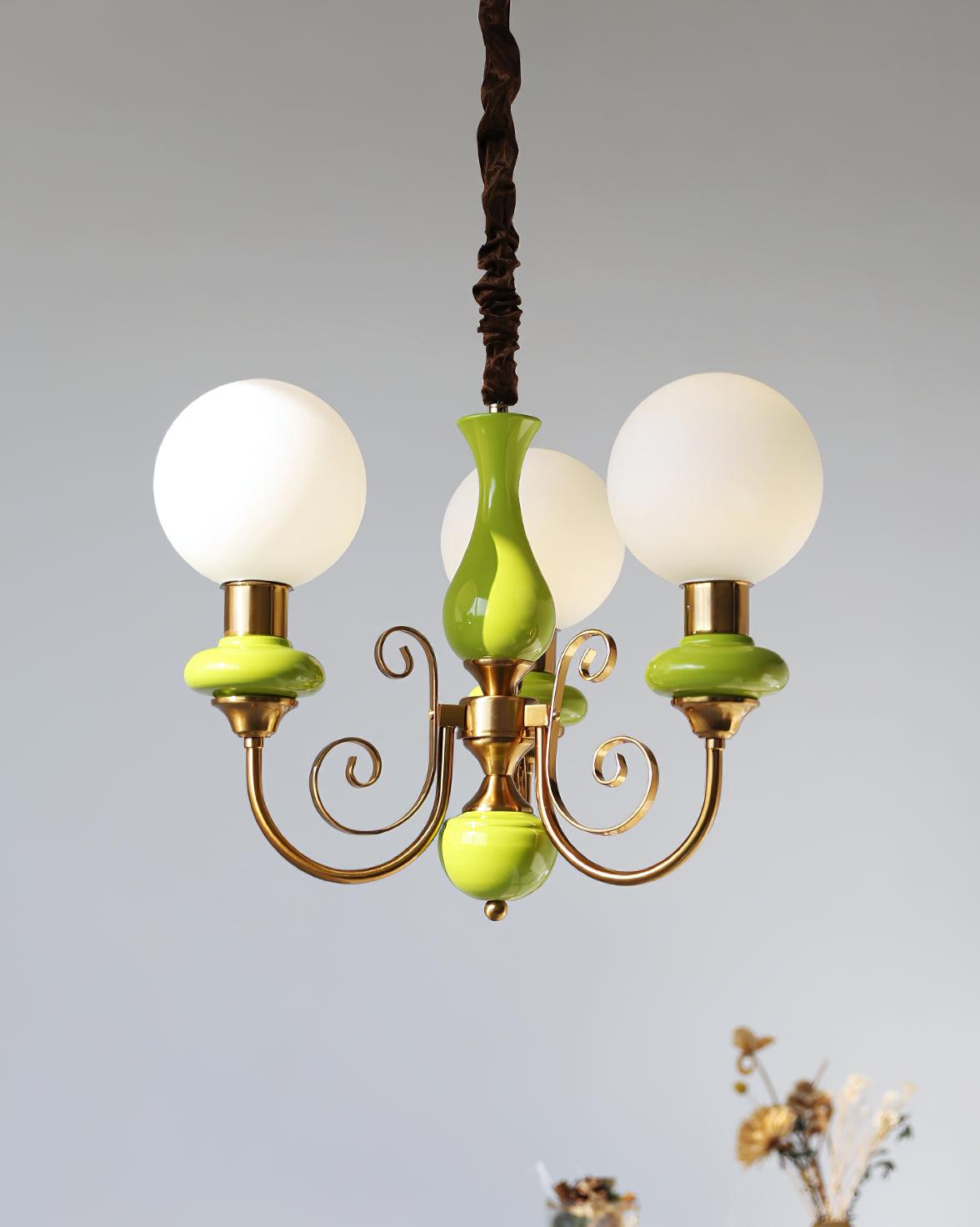 Lustra Chandelier Green Shades Gold Curved Arms - Neutral Decor